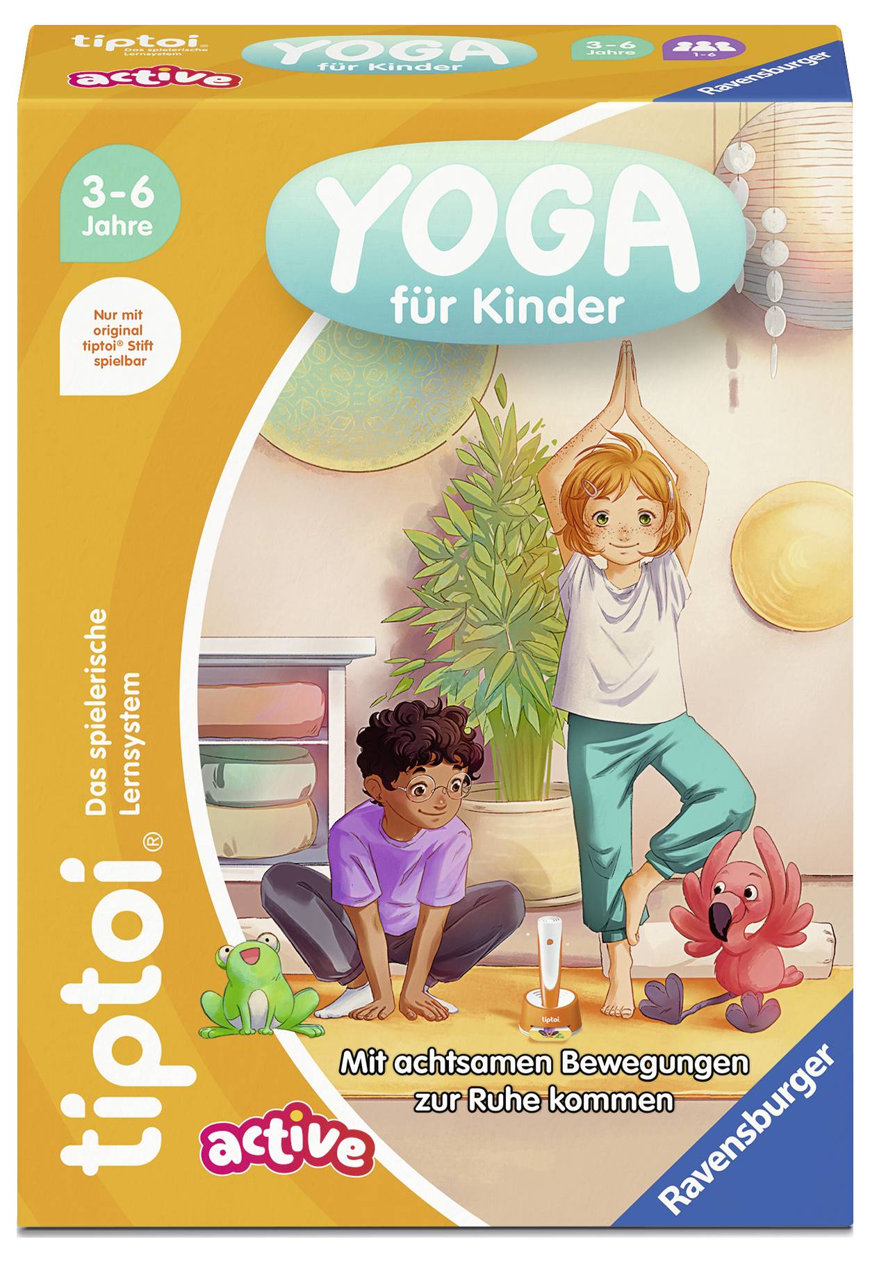 Dieses Bild zeigt die Verpackung des Spiels 'Yoga für Kinder' von tiptoi. Geeignet für Kinder von 3-6 Jahren, fördert achtsame Bewegungen.