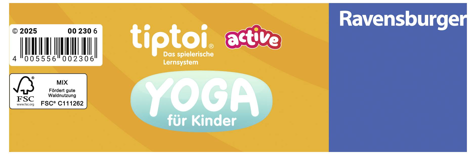 Etikett eines Ravensburger-Produkts mit der Aufschrift 'tiptoi active: Yoga für Kinder'. Enthält Barcode, FSC-Logo und Artikelnummer.