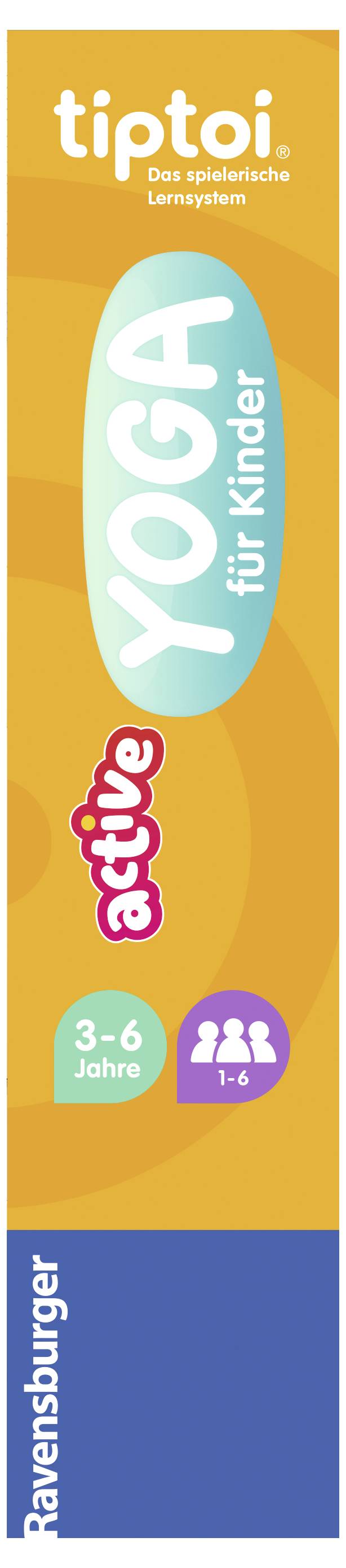 'Tiptoi: Active Yoga für Kinder' Verpackung. Geeignet für 3-6 Jahre, 1-6 Spieler. Orangefarbener Hintergrund mit Logo und Altersempfehlung.