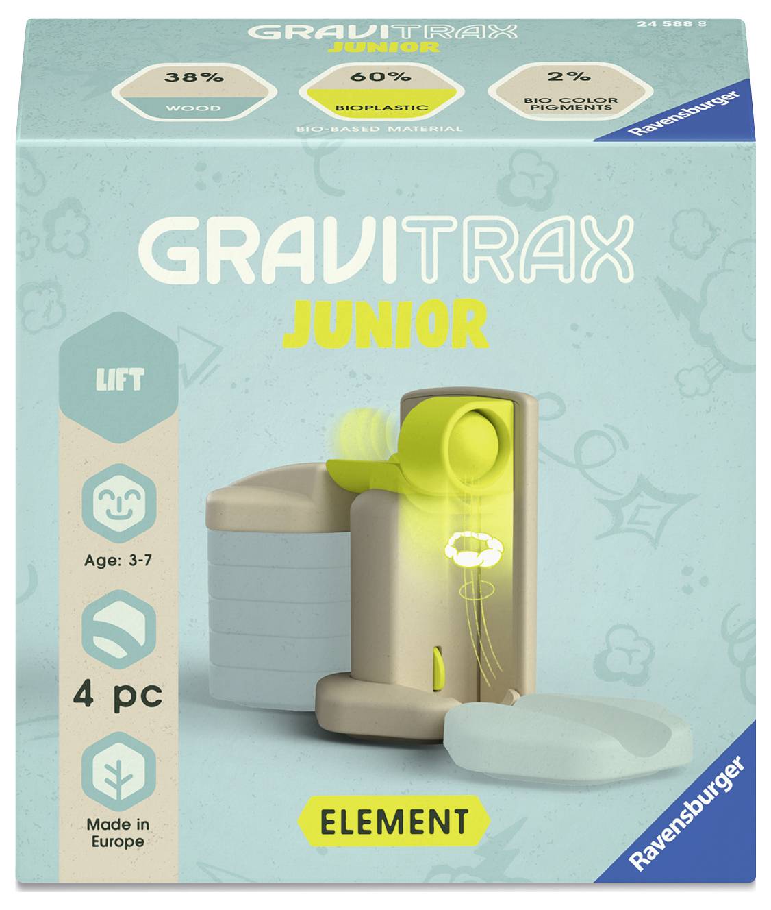 Verpackung eines GraviTrax Junior Sets. Zeigt das Hebeelement für Kinder ab 3-7 Jahren. Enthält 4 Teile, hergestellt in Europa.