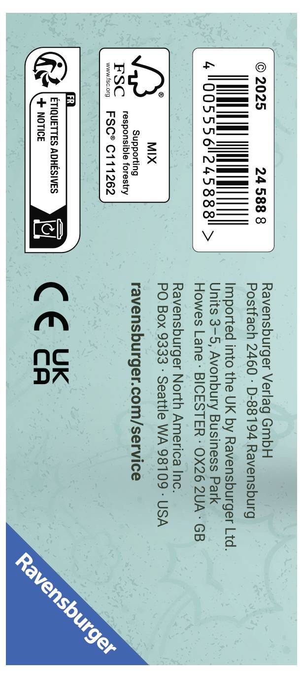 Eine Verpackungsetikett mit Kontaktinformationen und Logistikdetails von Ravensburger, inklusive Adresse und Recycling-Symbolen.