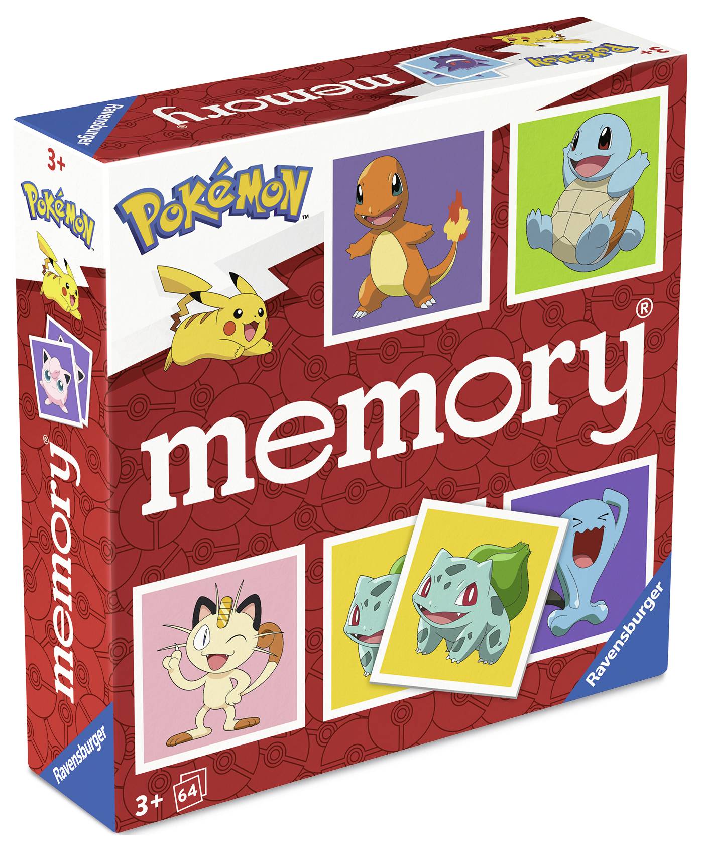 Eine rote 'Pokémon Memory'-Spielbox mit Pikachu und anderen Pokémon auf der Vorderseite. Geeignet für Kinder ab 3 Jahren.