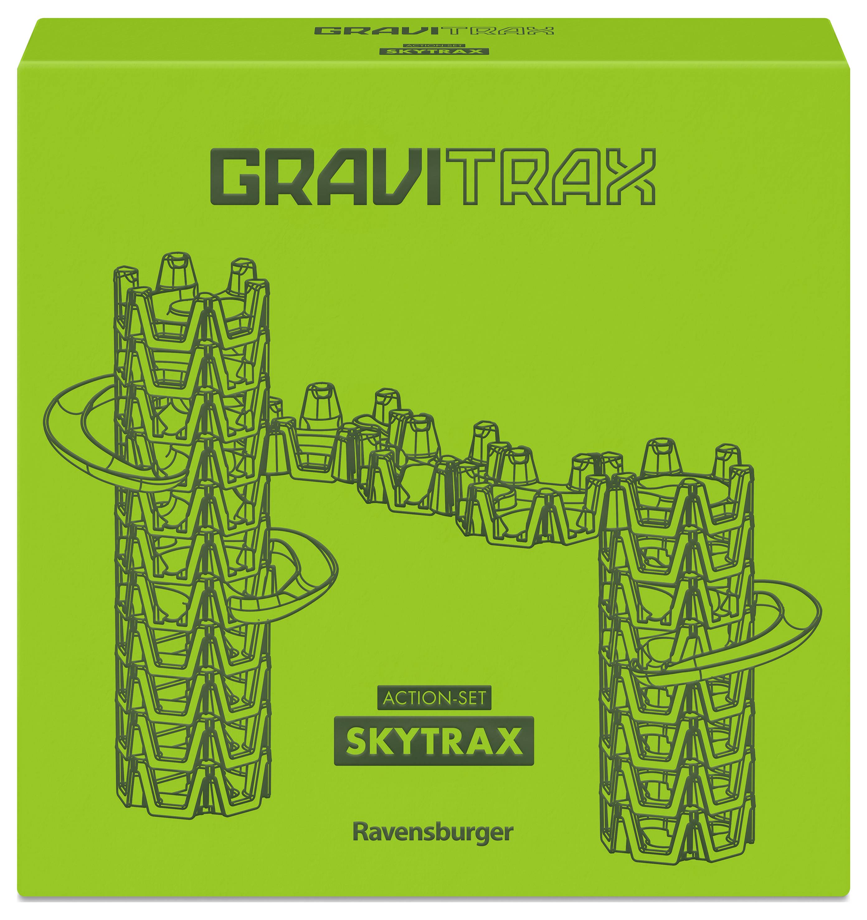 'GraviTrax Action-Set Skytrax' von Ravensburger, zeigt Strecken-Erweiterung mit hohen Türmen und Bahnen auf grünem Karton.