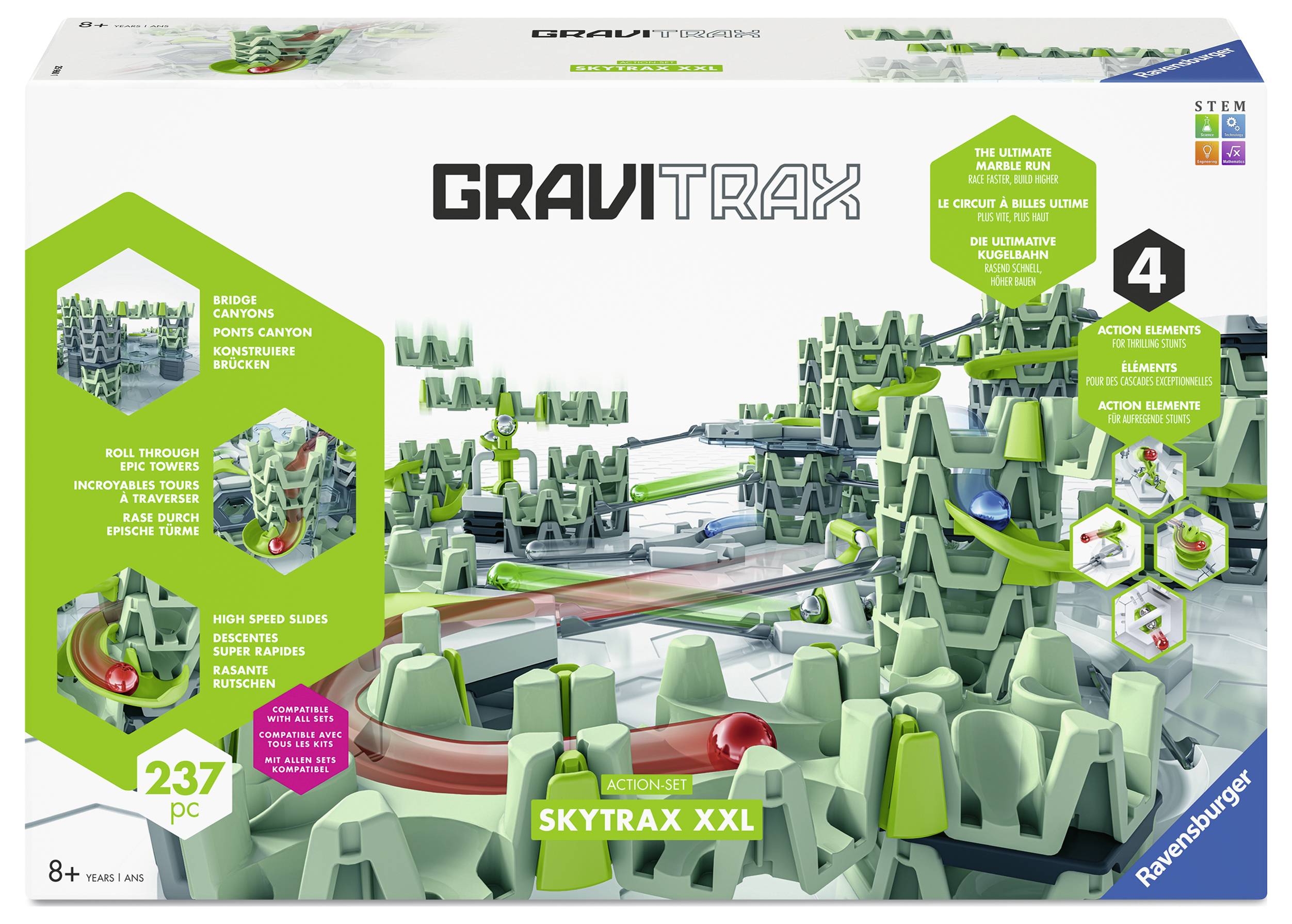 Verpackung der GraviTrax Skytrax XXL Kugelbahn. Enthält 237 Teile und 4 Action-Elemente. Für Kinder ab 8 Jahren geeignet. STEM-Spiel.