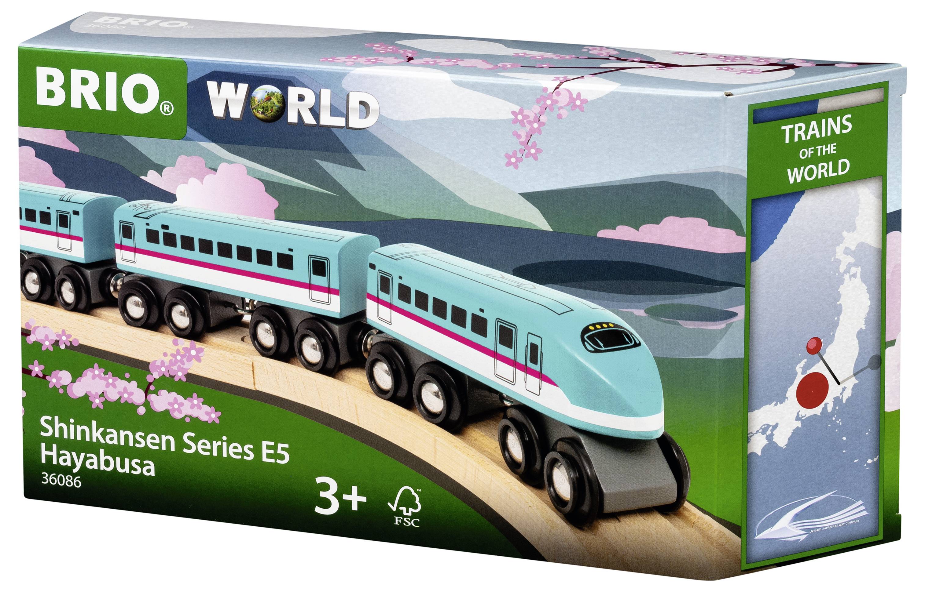 'BRIO World' Spielzeugverpackung. Zeigt einen blauen Shinkansen-Zug mit rosa Details vor einer Berglandschaft. Ab 3 Jahren geeignet.