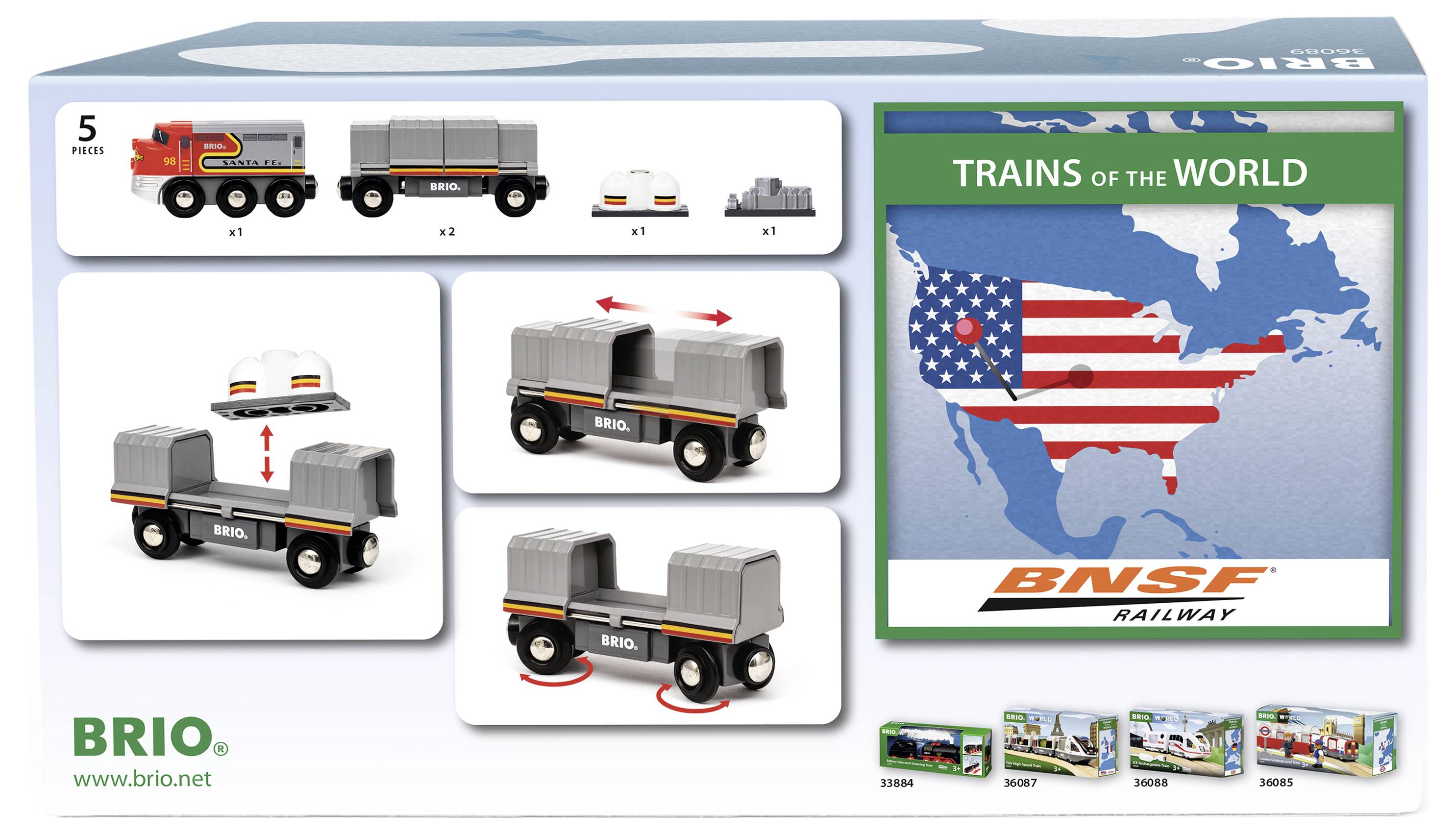 Spielzeugzug-Set 'Trains of the World' von BRIO, bestehend aus einem Diesellokomotivmodell und Frachtwaggons, inspiriert von BNSF Railway.