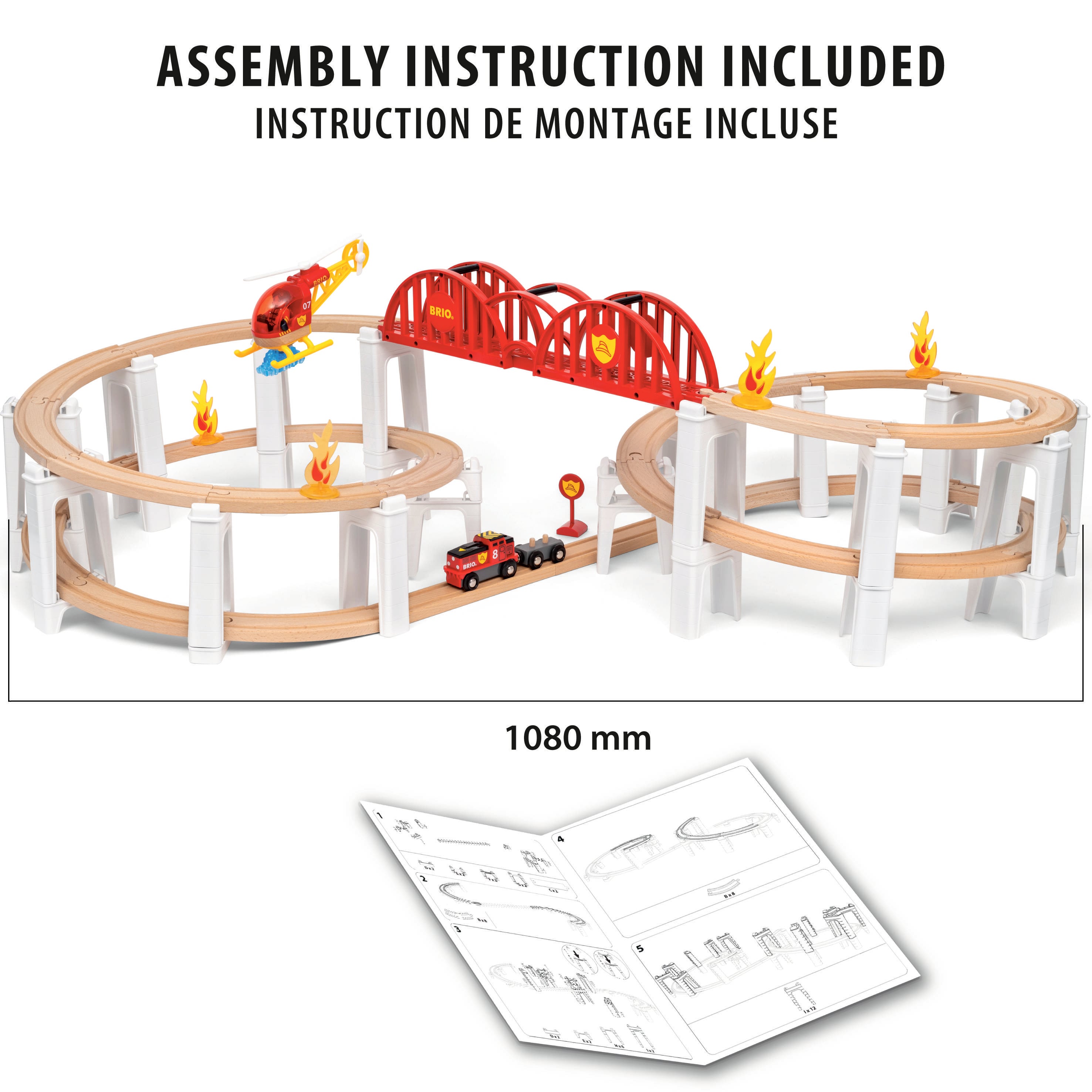 Holzeisenbahn-Set mit Helikopter, Zug, Schienen, Brücke und Feueraufdruck. Anleitung enthalten. Maße: 1080 mm.