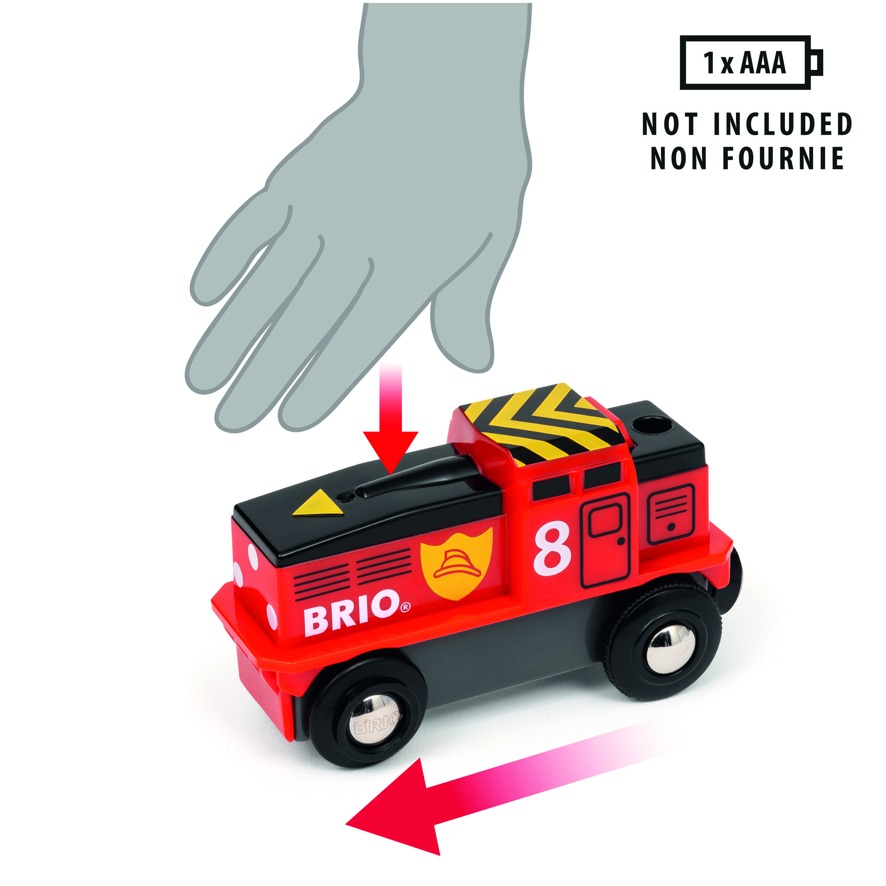 Ein rotes Spielzeug-Eisenbahnauto mit der Nummer 8, das durch eine Handgeste aktiviert wird. Eine AAA-Batterie wird benötigt.