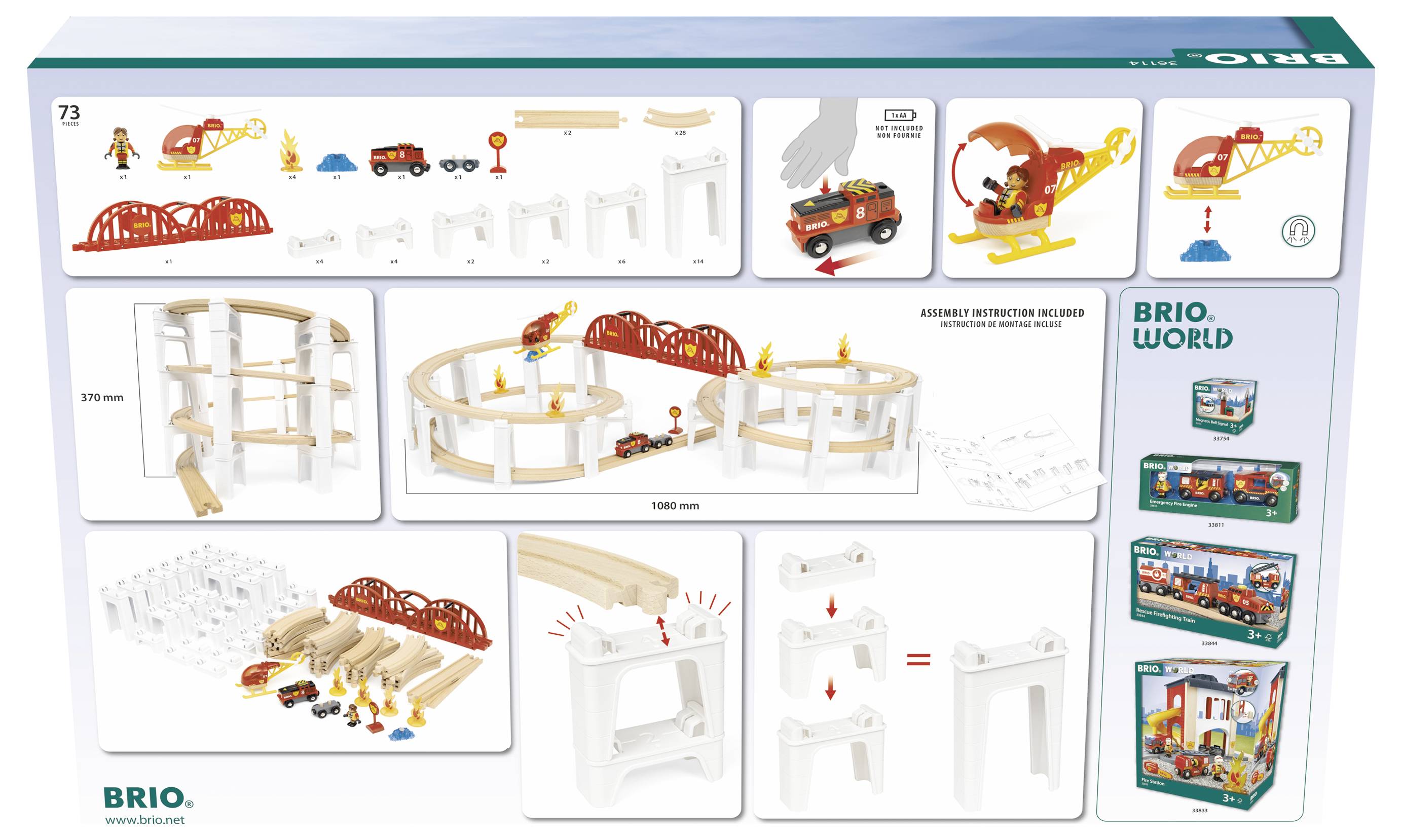 Spielzeug-Baukasten von BRIO mit Schienen, Brücken und Fahrzeugen. Enthält eine detaillierte Aufbauanleitung und Zubehör.