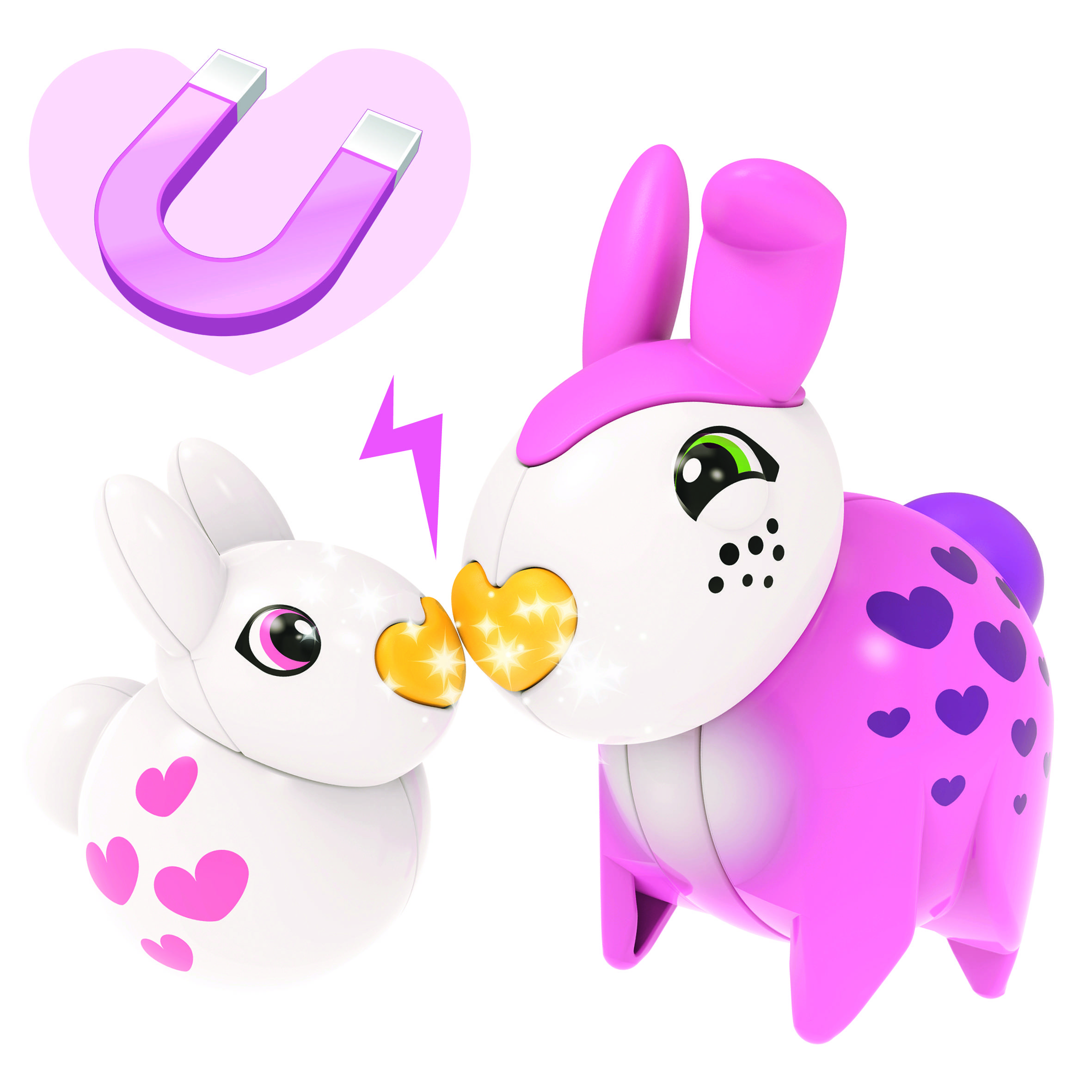 Zwei Spielzeugtiere mit magnetischen Herz-Nasen berühren sich. Ein Magnet-Symbol schwebt darüber, was Anziehungskraft darstellt.