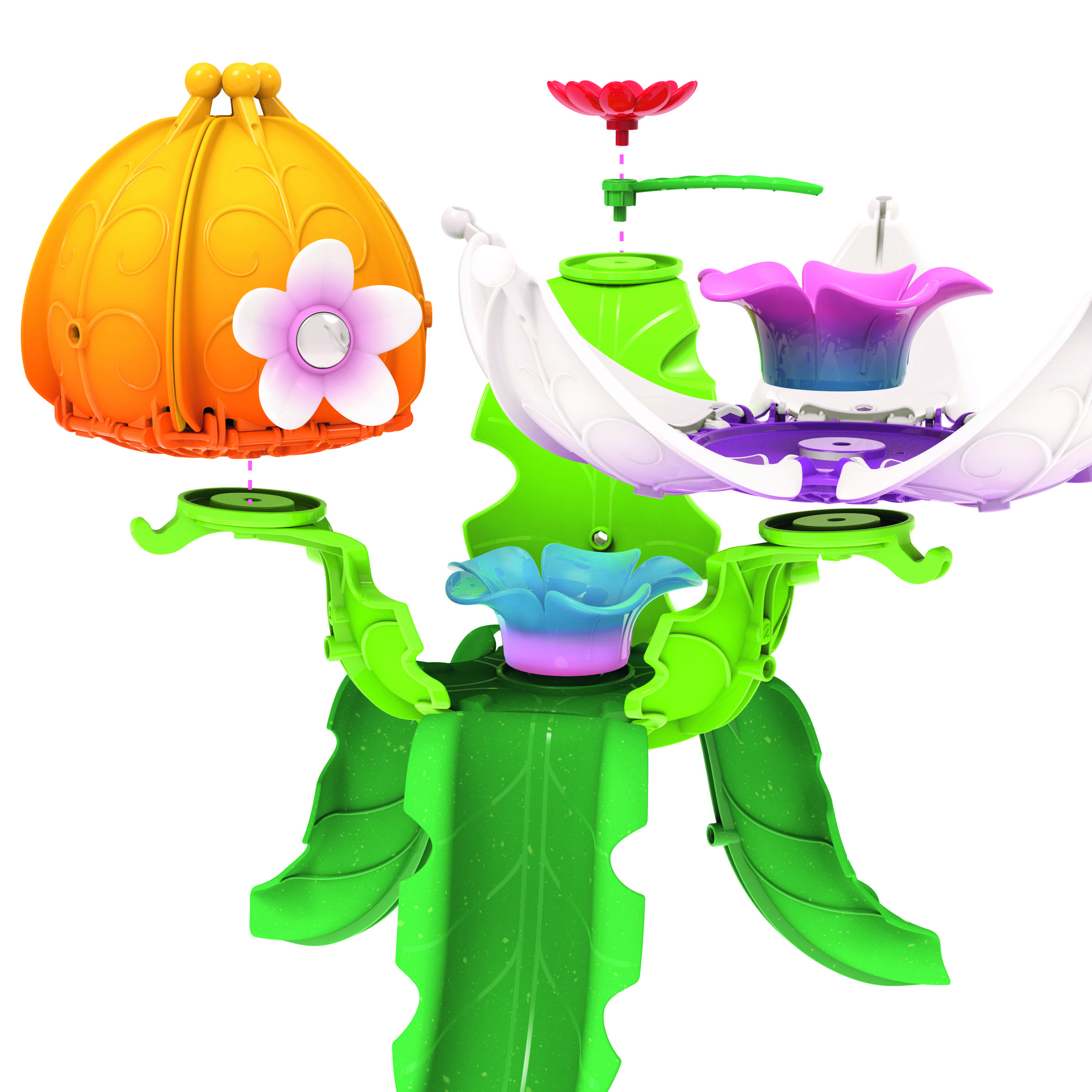 Ein buntes, blumenförmiges Spielzeug mit mehreren blättrigen Strukturen, die geöffnet sind, um Blütenkelche zu zeigen.