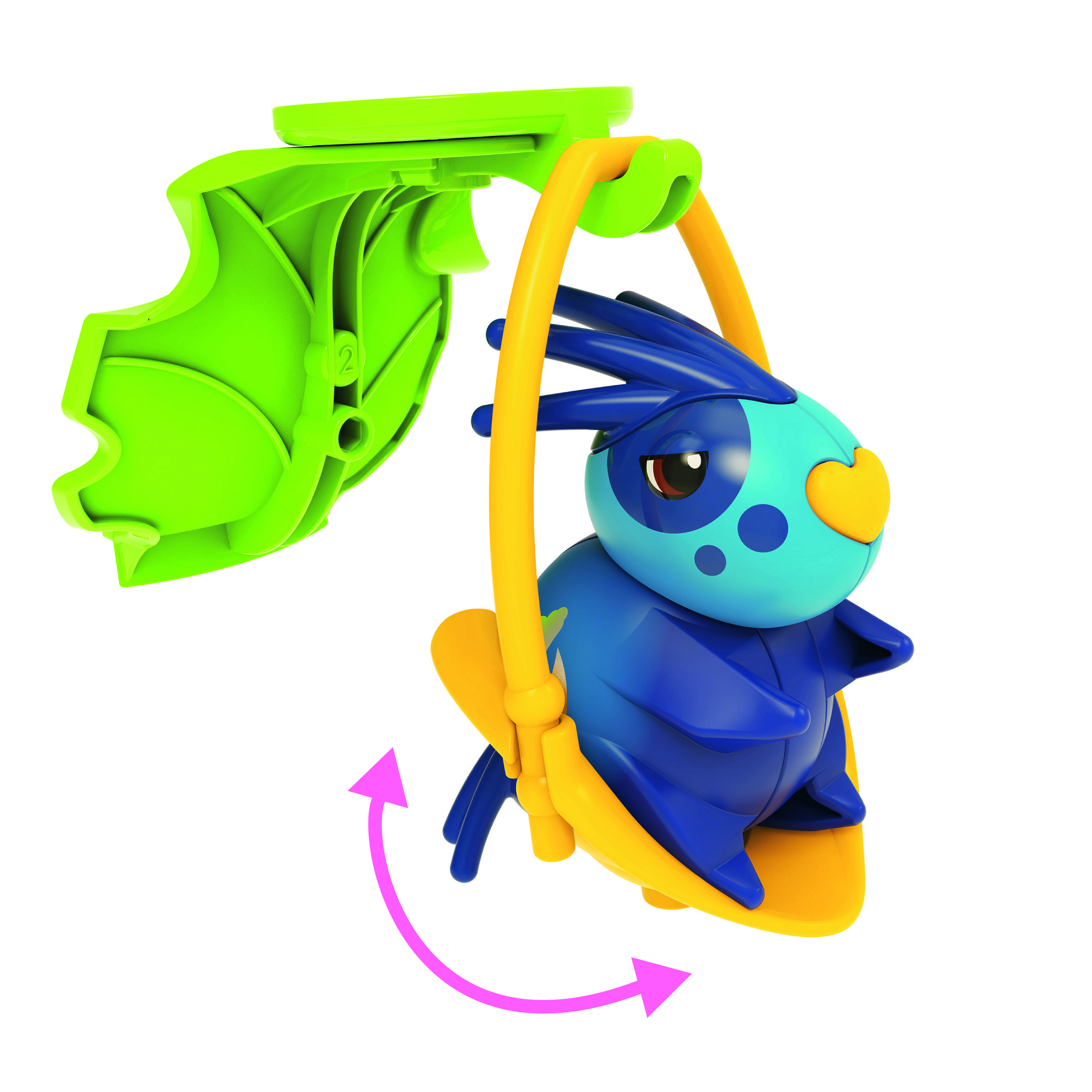 Ein blauer Cartoon-Vogel mit Herzform um das Auge sitzt auf einer gelben Schaukel. Der Hintergrund ist weiß.