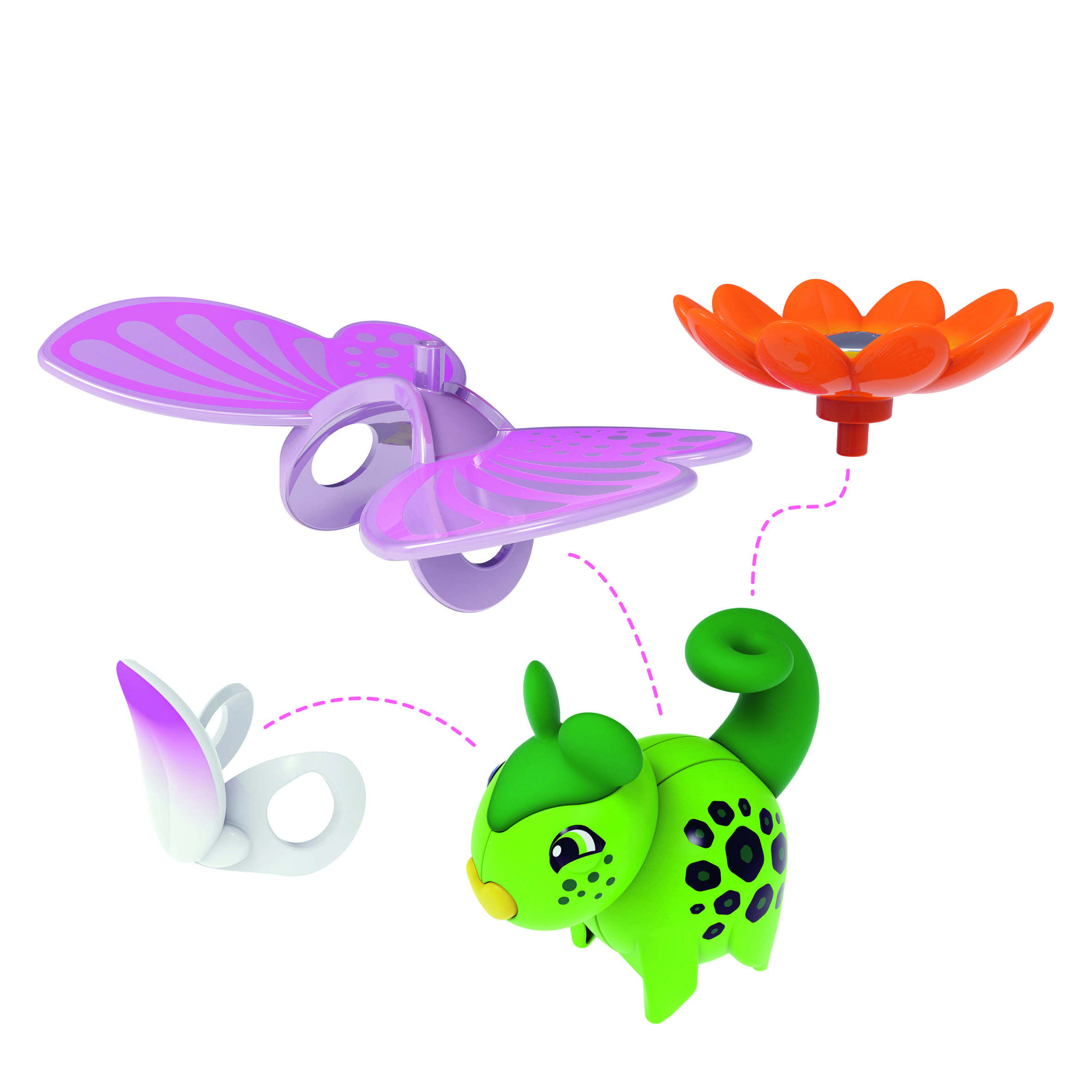 Eine grüne, gepunktete, tierähnliche Spielzeugfigur mit einem Ring, zwei Schmetterlingflügel und einer orangefarbenen Blume.