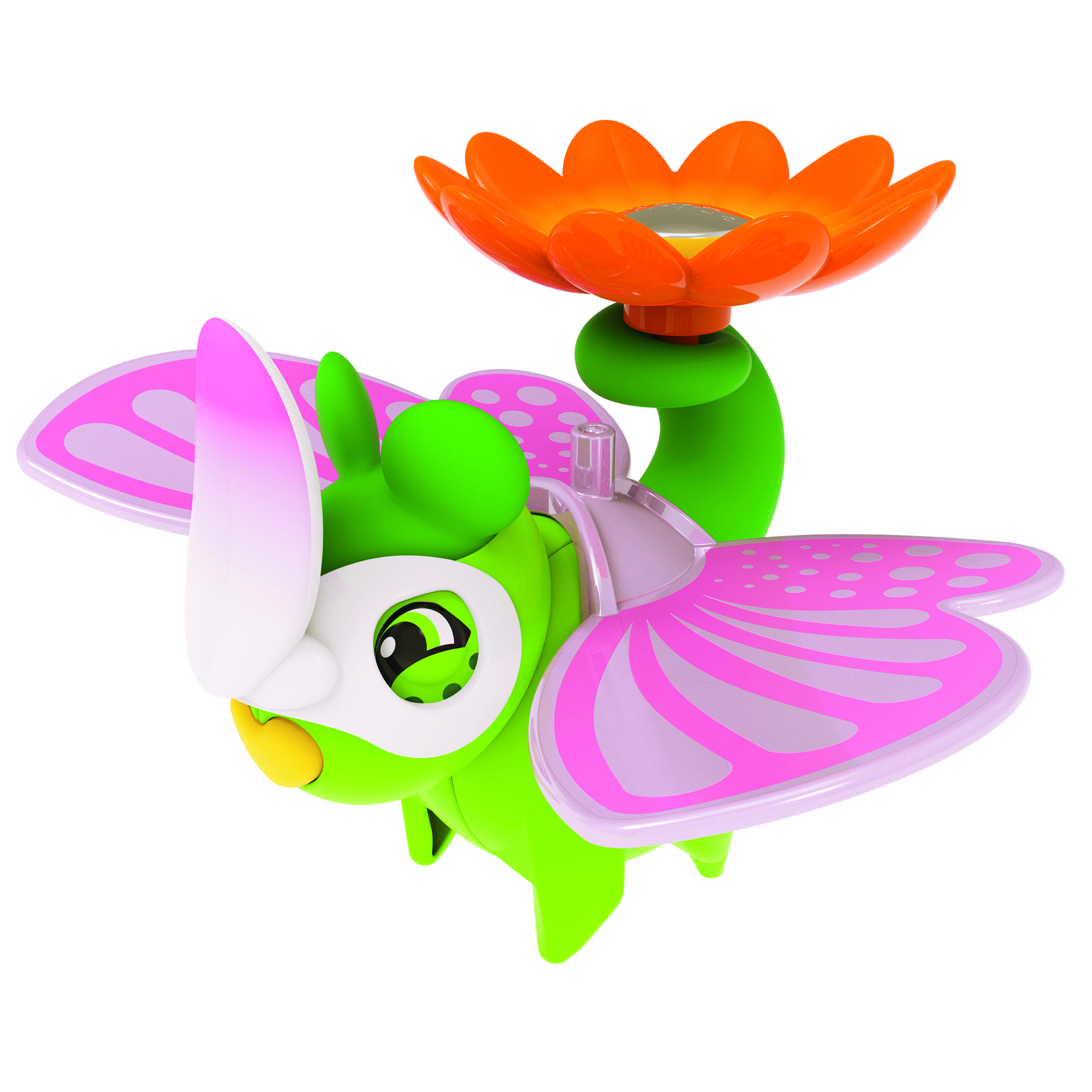 Ein grünes Spielzeuginsekt mit lila Flügeln und einer orangefarbenen Blume auf dem Kopf. Es wirkt fröhlich und bunt.