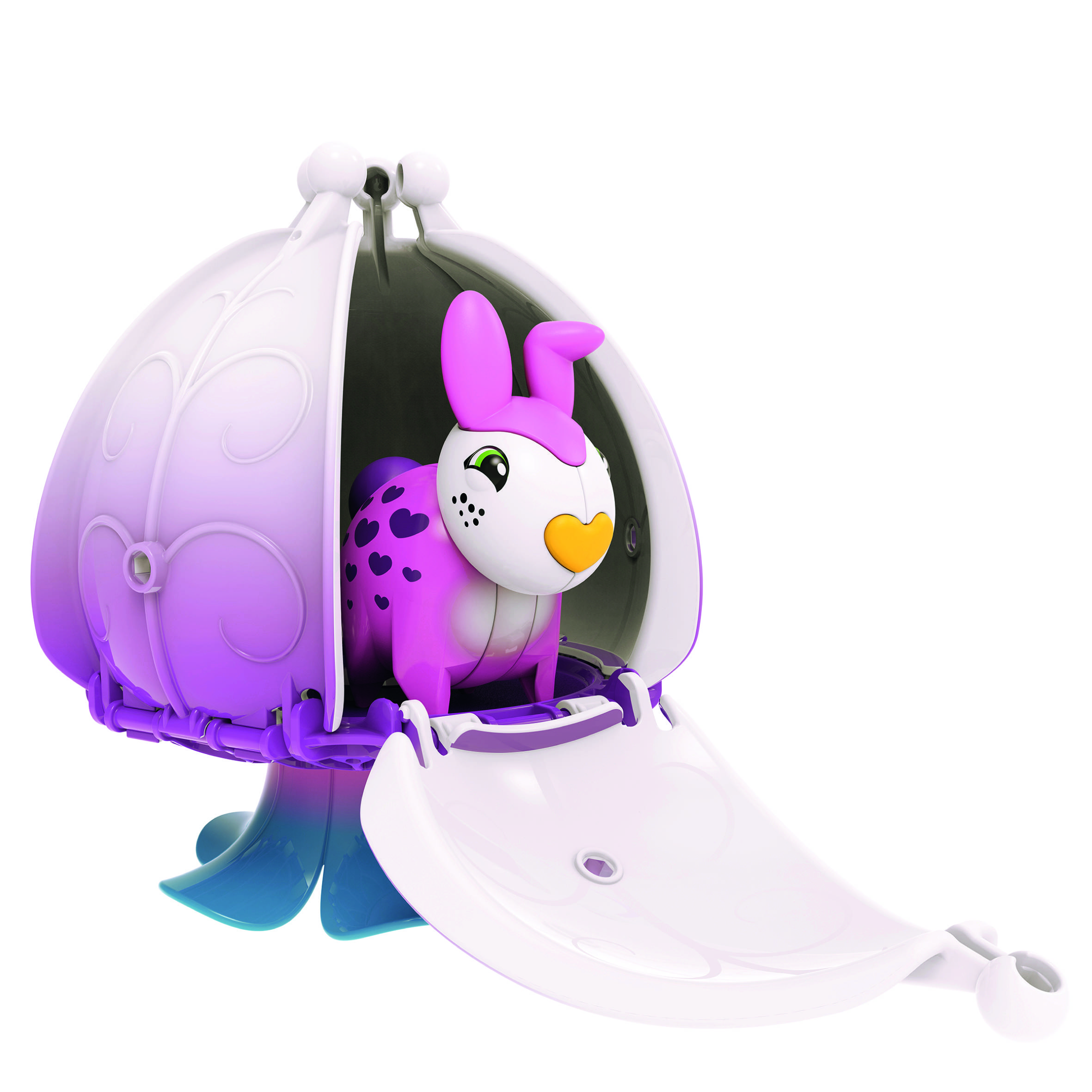 Spielzeughase in einer violetten Kapsel mit Herzmustern. Die Kapsel ist zur Hälfte geöffnet und zeigt das lachende Tier.