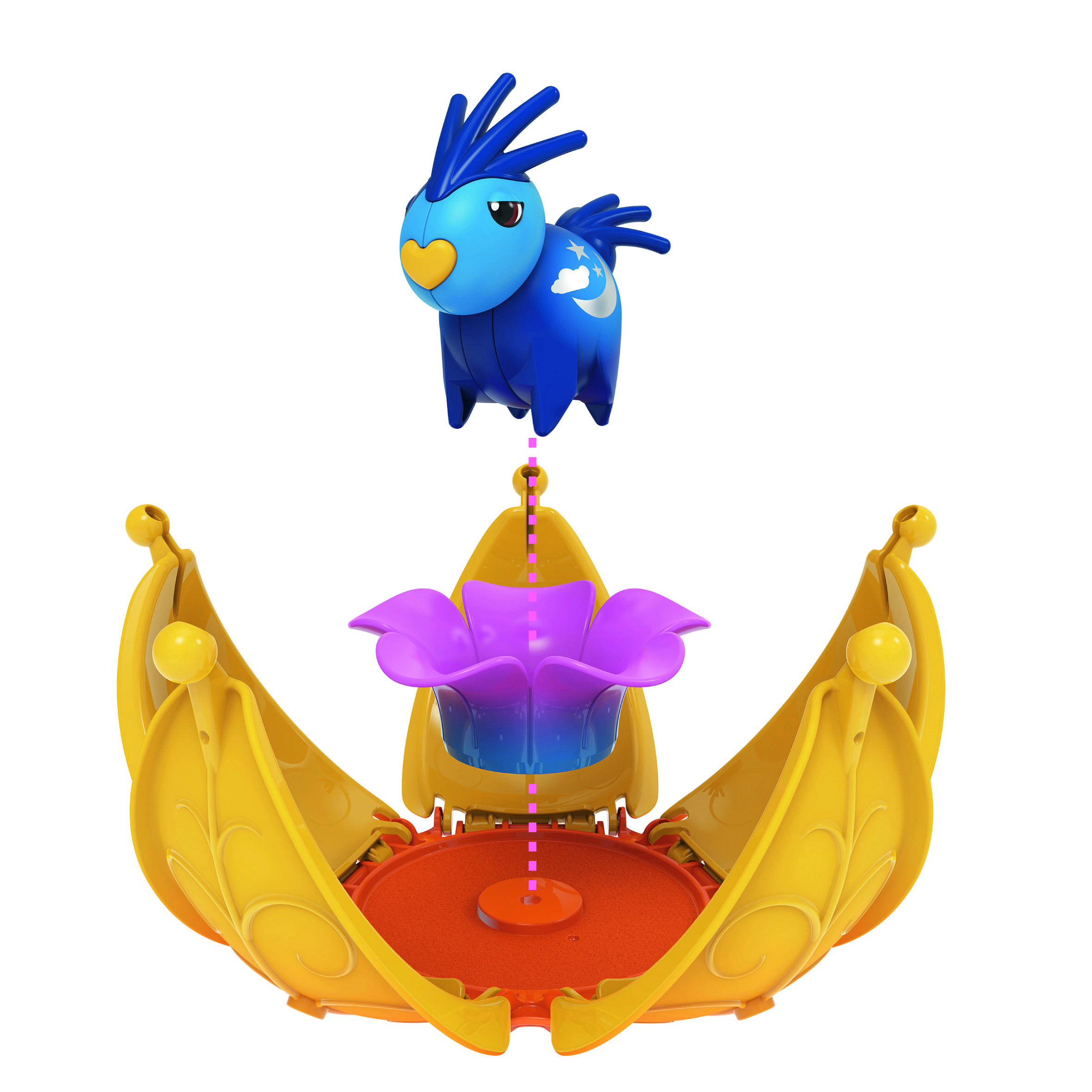 Ein blauer Vogel mit Herzgesichtschmuck schwebt über einer orangen Schale mit gelben Blütenblättern und einer lilafarbenen Blume.