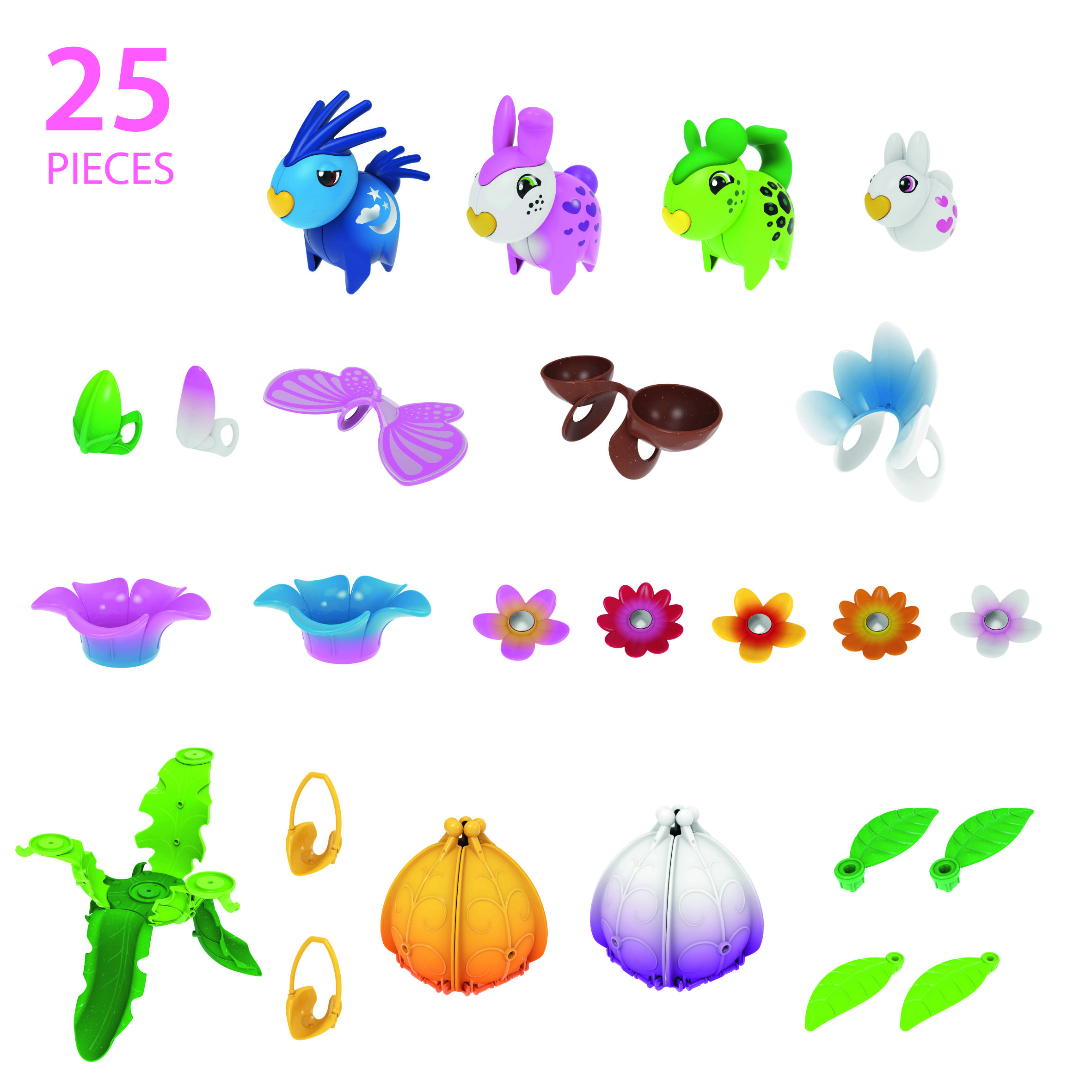 '25 Pieces': Verschiedene bunte Teile, um fantasievolle, tierähnliche Figuren zu formen. Enthält Flügel, Blumen und Körperteile.