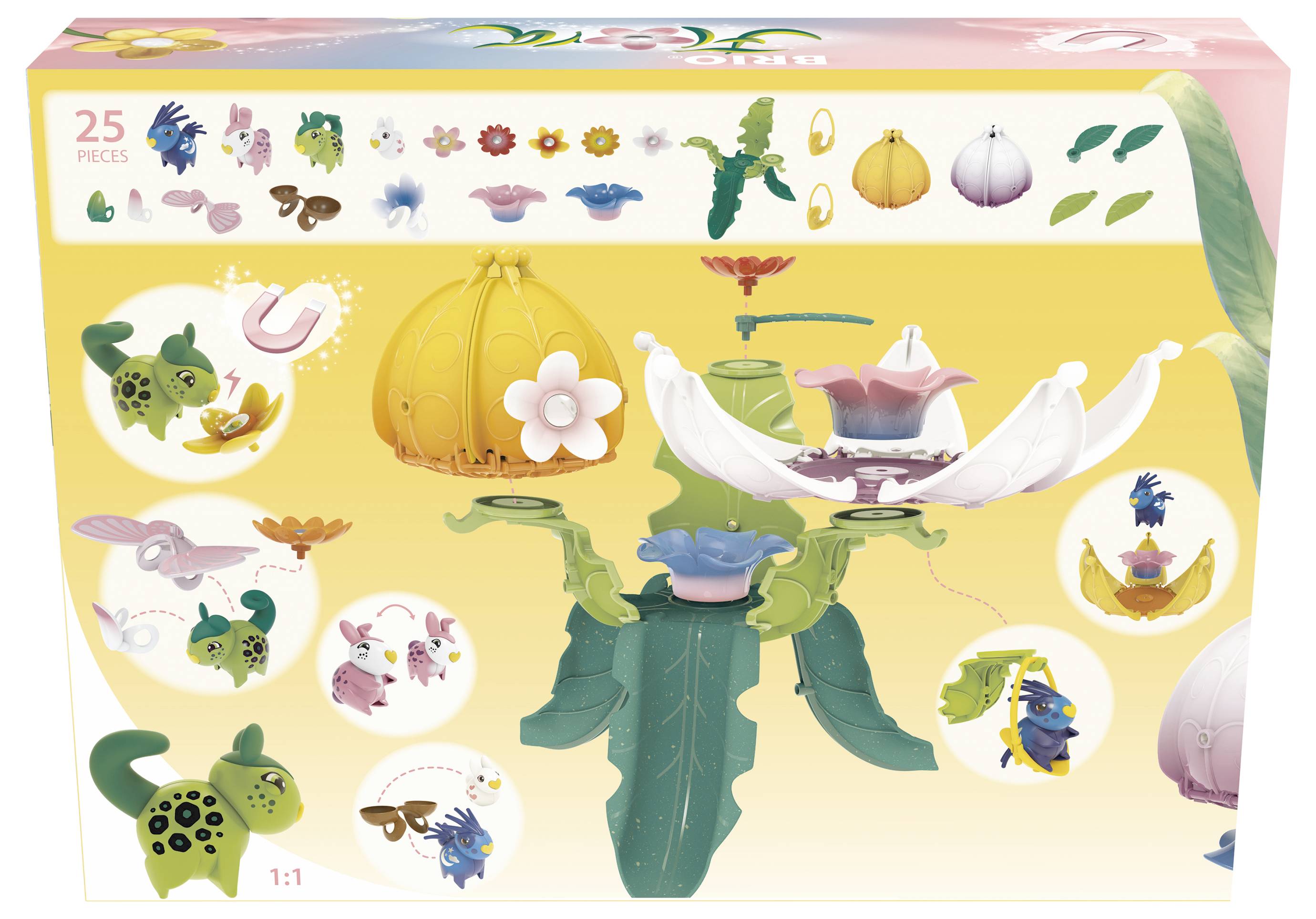 Verpackung eines 25-teiligen Spielsets mit Blumen und Tierfiguren in bunten Farben. Enthält Abbildungen verschiedener Teile und Anleitungen.