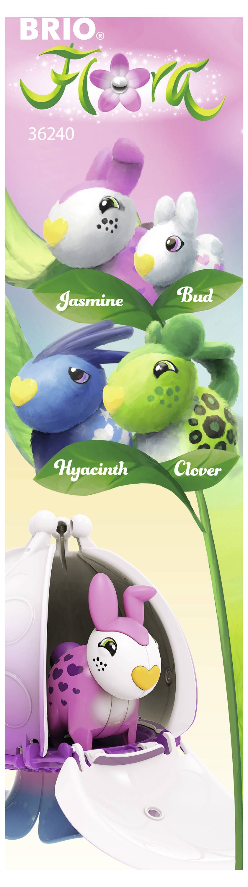 Ein farbenfrohes Werbebild für BRIO. Zeigt vier Spielzeugfiguren: 'Jasmine', 'Bud', 'Hyacinth' und 'Clover' in einer floralen Umgebung.