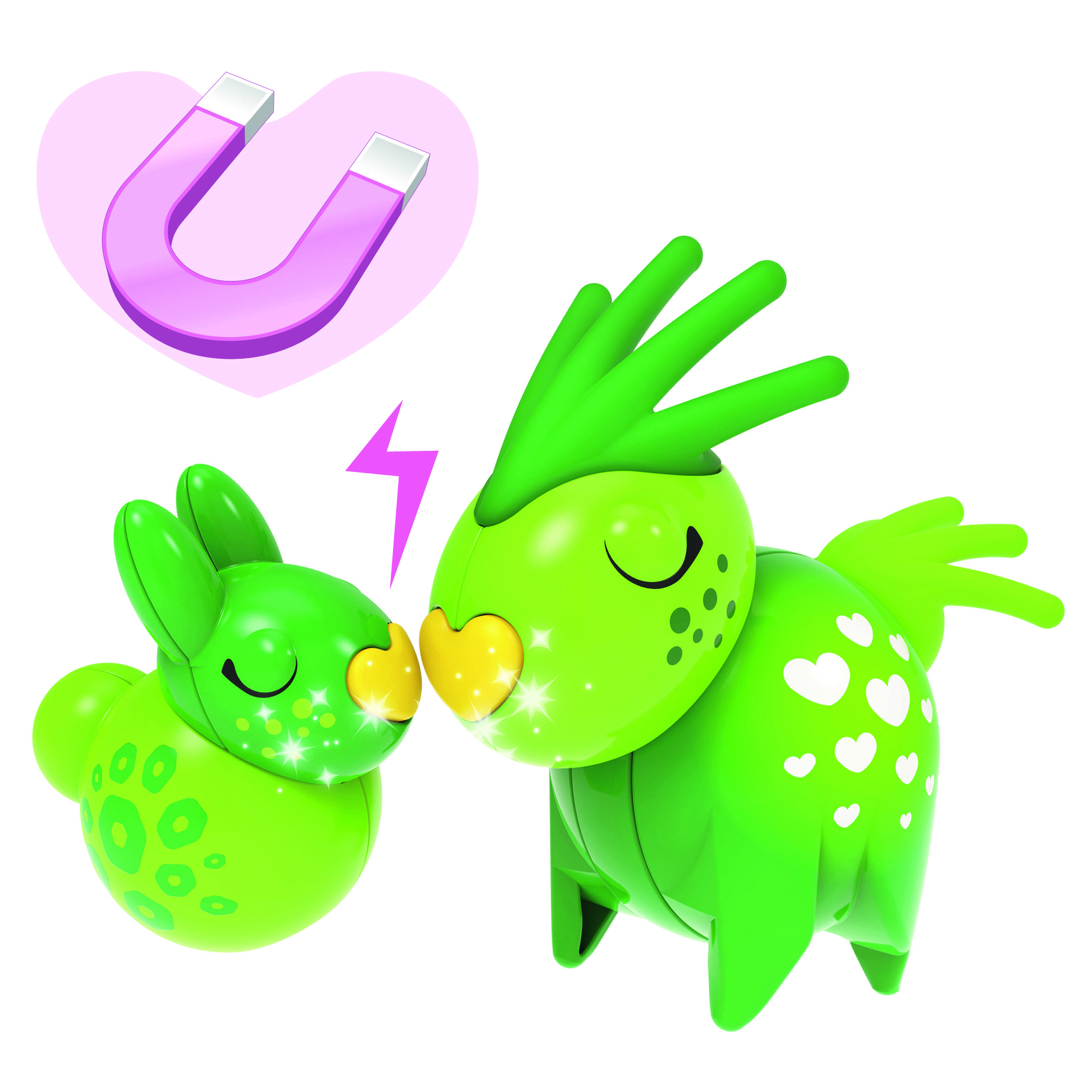 Zwei grüne, cartoonartige Tiere küssen sich, umgeben von Herzsymbolen und einem Magneten im Hintergrund.