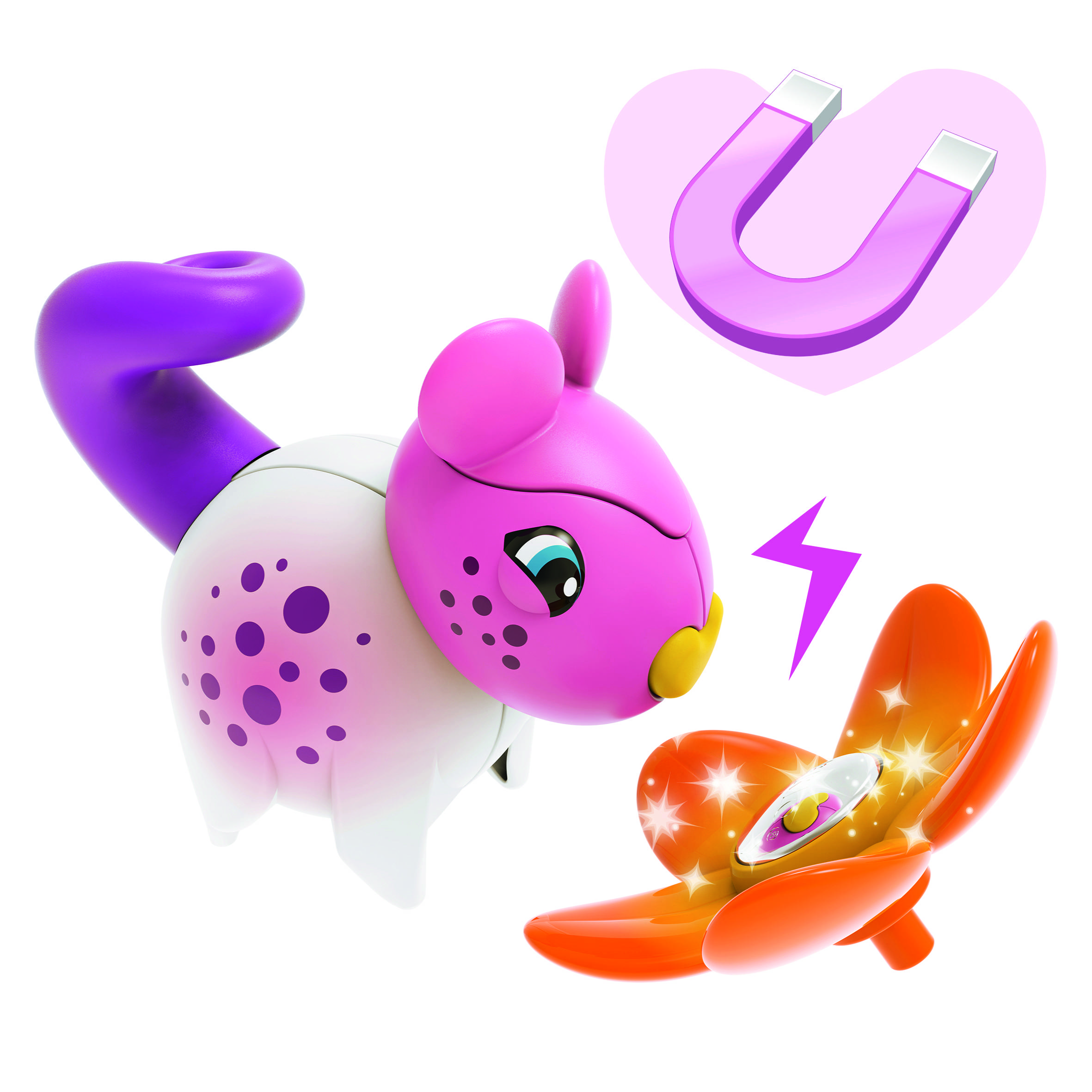 Verspielte Spielzeugfigur: Lila-weißer Dinosaurier mit rosa magnetischem Kopf, Schmetterlingsmotiv und Herz mit Magnet.