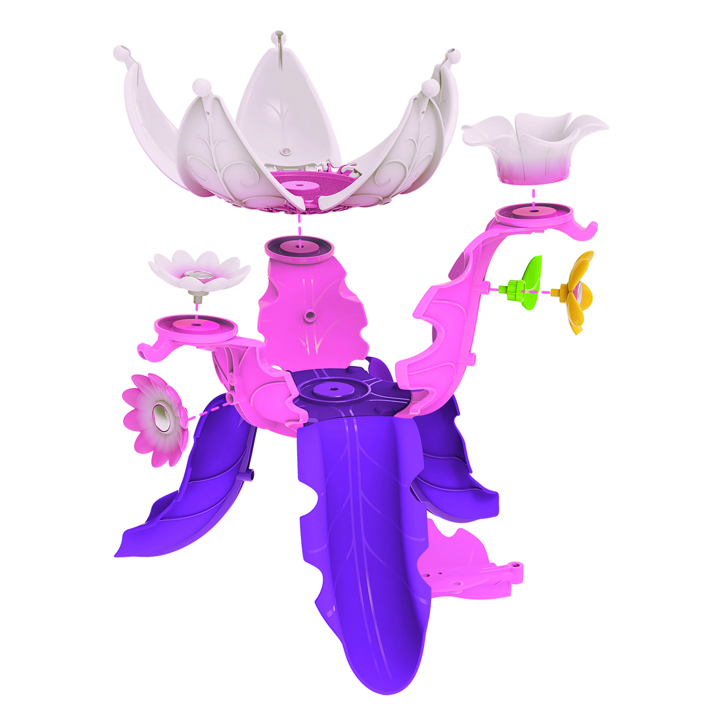 Spielzeug-Blumenset in Lila und Weiß, das auseinander genommen wird und dessen Einzelteile sichtbar sind.