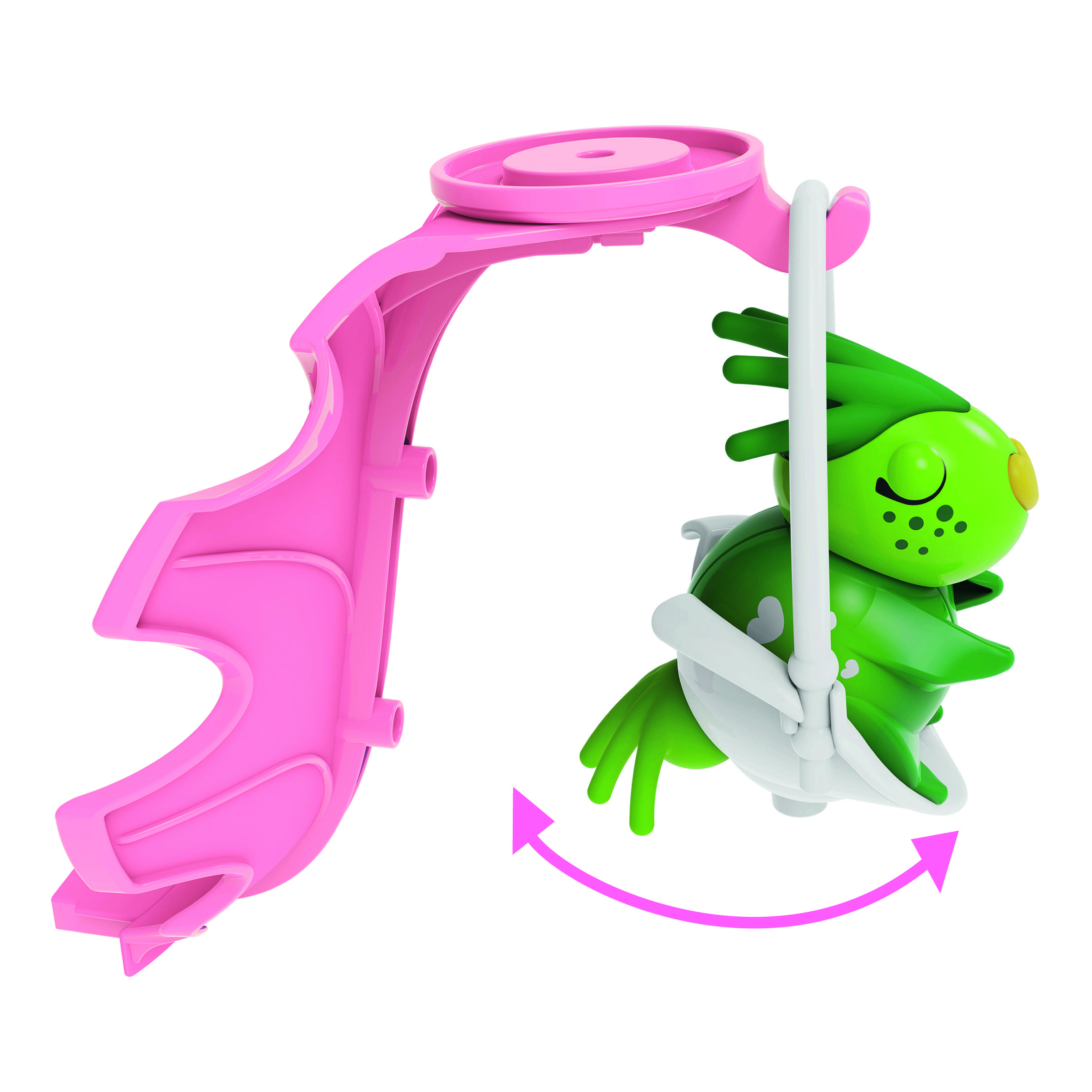 Eine grüne Spielfigur in Schaukelstellung, umgeben von einer pinken Halterung. Sie zeigt Bewegungsrichtung durch einen Pfeil an.