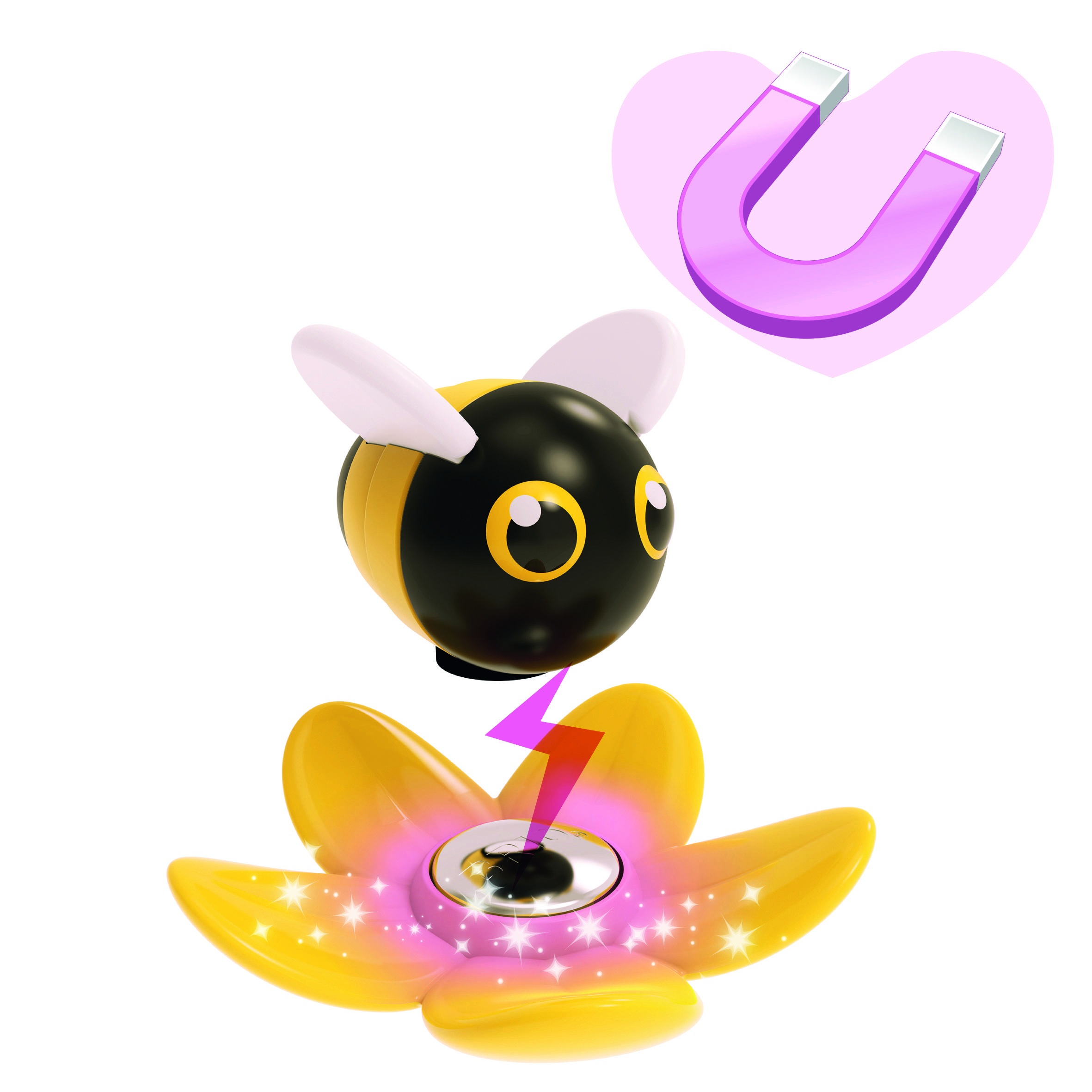 Eine stilisierte Figur einer schwarz-gelben Biene schwebt über einer gelben Blüte mit einem eingebauten Magnetfeld. Oben rechts ein Herz mit Magnet.