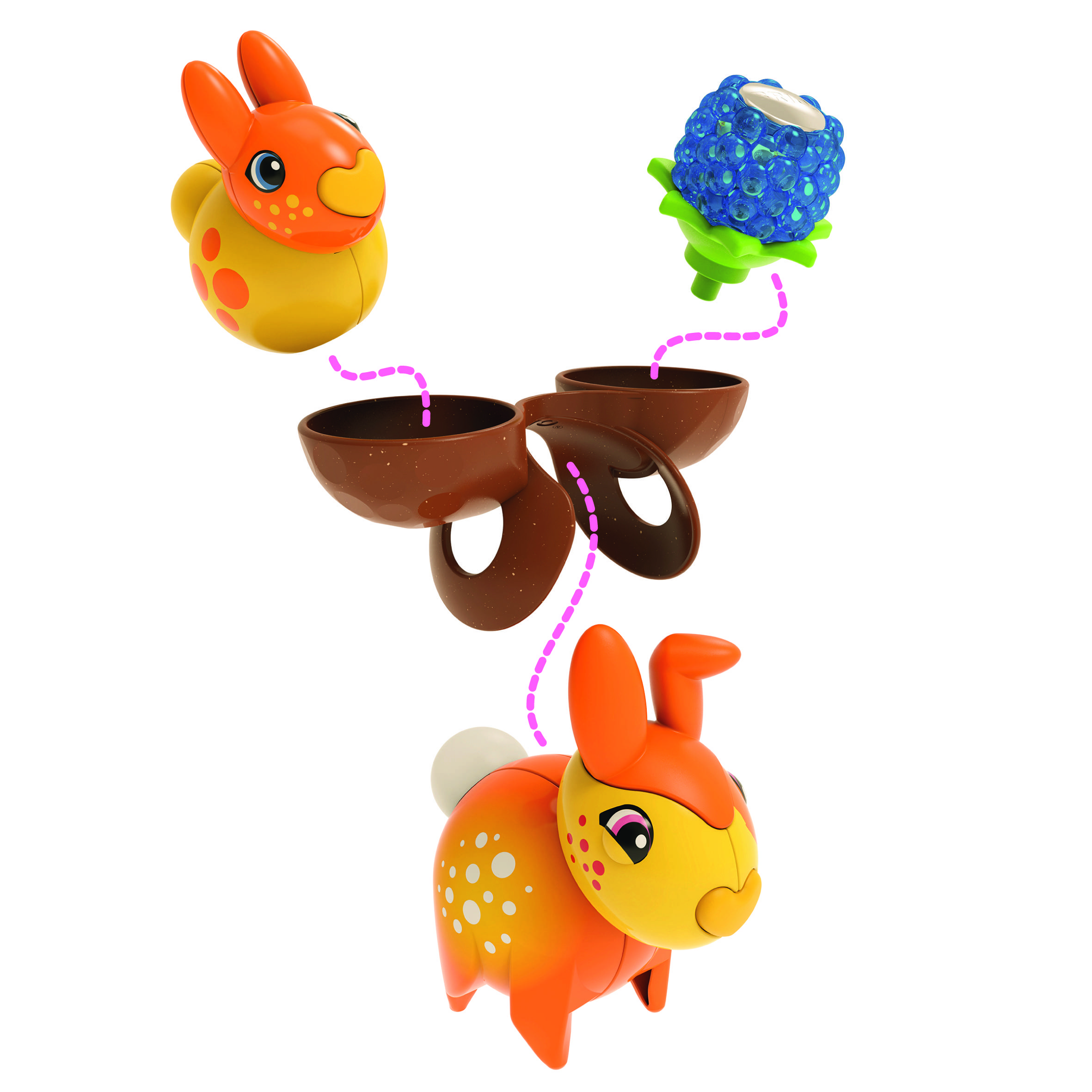 'Ein Spielzeug-Hasenfigur mit orangefarbenen Ohren und Punkten, die in zwei Hälften getrennt wird; oben ein blauer Beerenaufsatz.'