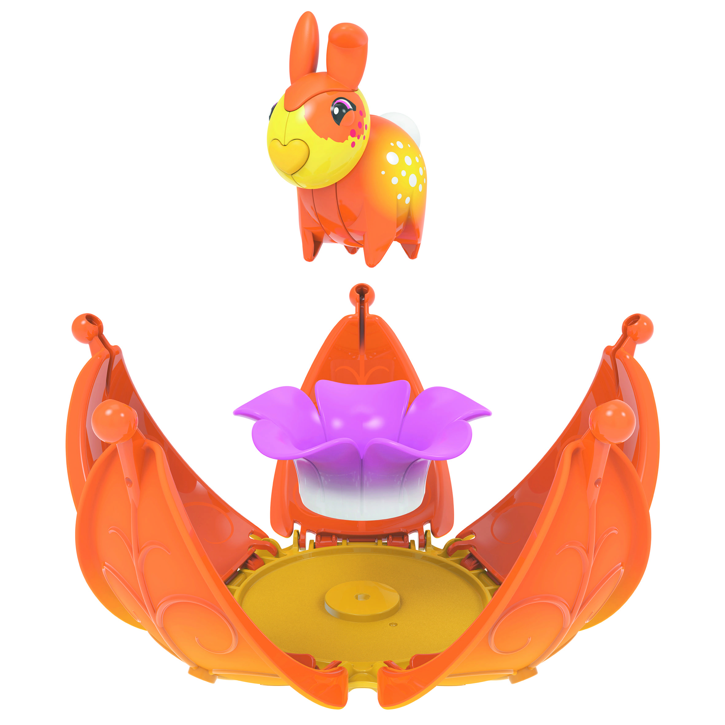 Ein orangefarbener, kaninchenähnlicher Spielzeugcharakter steht über einem offenen, blumenförmigen, orangen Behälter mit lila Innenkissen.