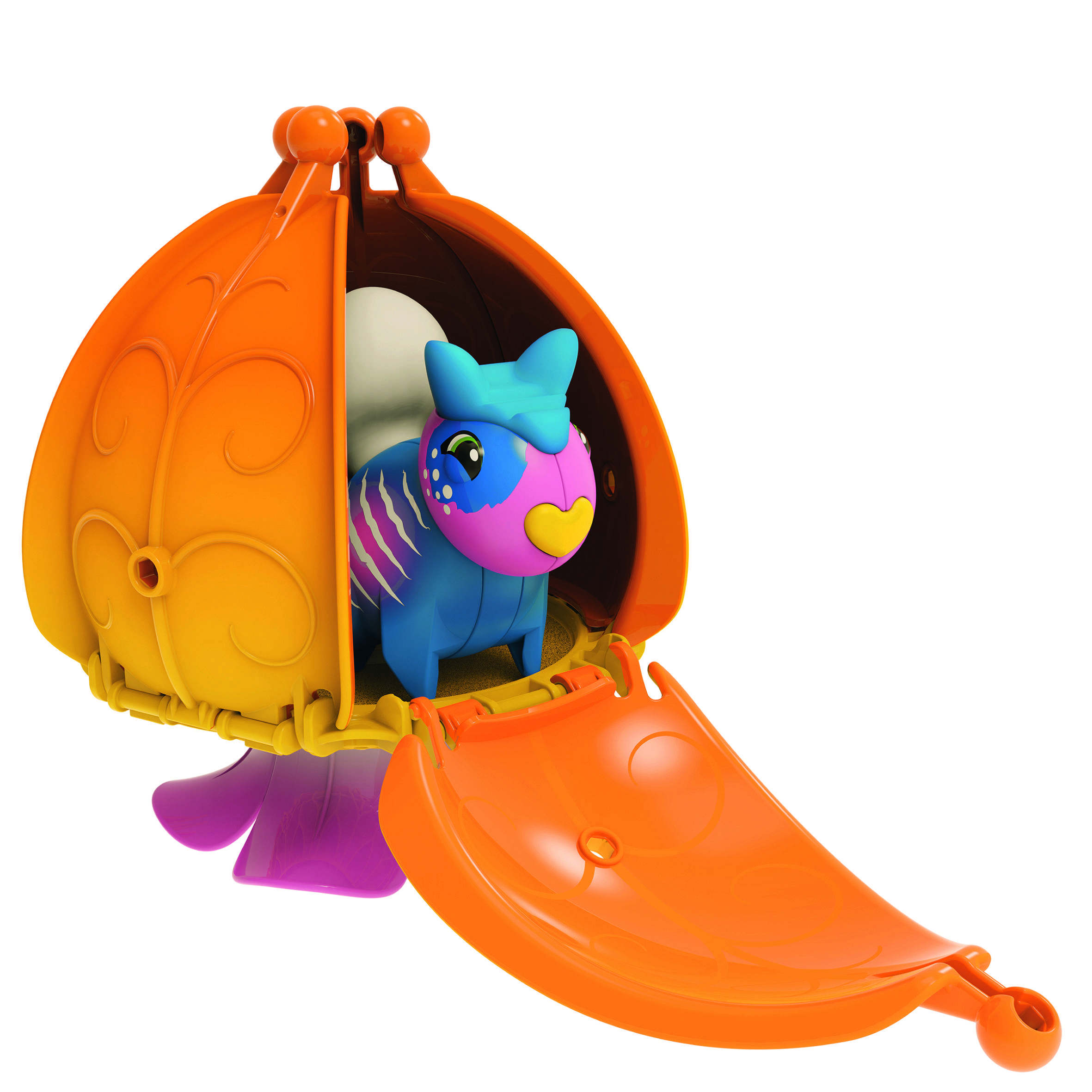 Ein Spielzeug in Form eines orangefarbenen Kürbises öffnet sich und zeigt ein buntes, lächelndes Tier im Inneren.