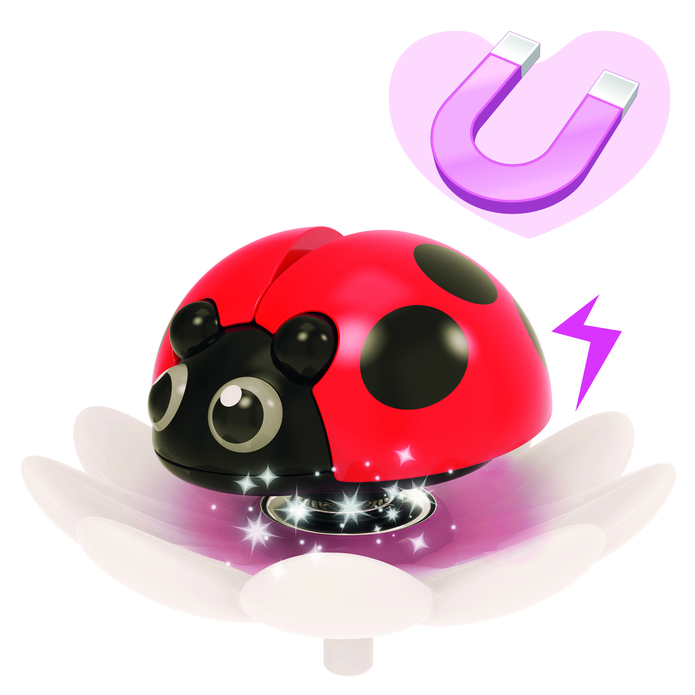 Marienkäfer-förmige Spielzeugfigur auf weißer Blüte, schwebend mit magnetischem Effekt. Herz und Magnet-Symbol im Hintergrund.