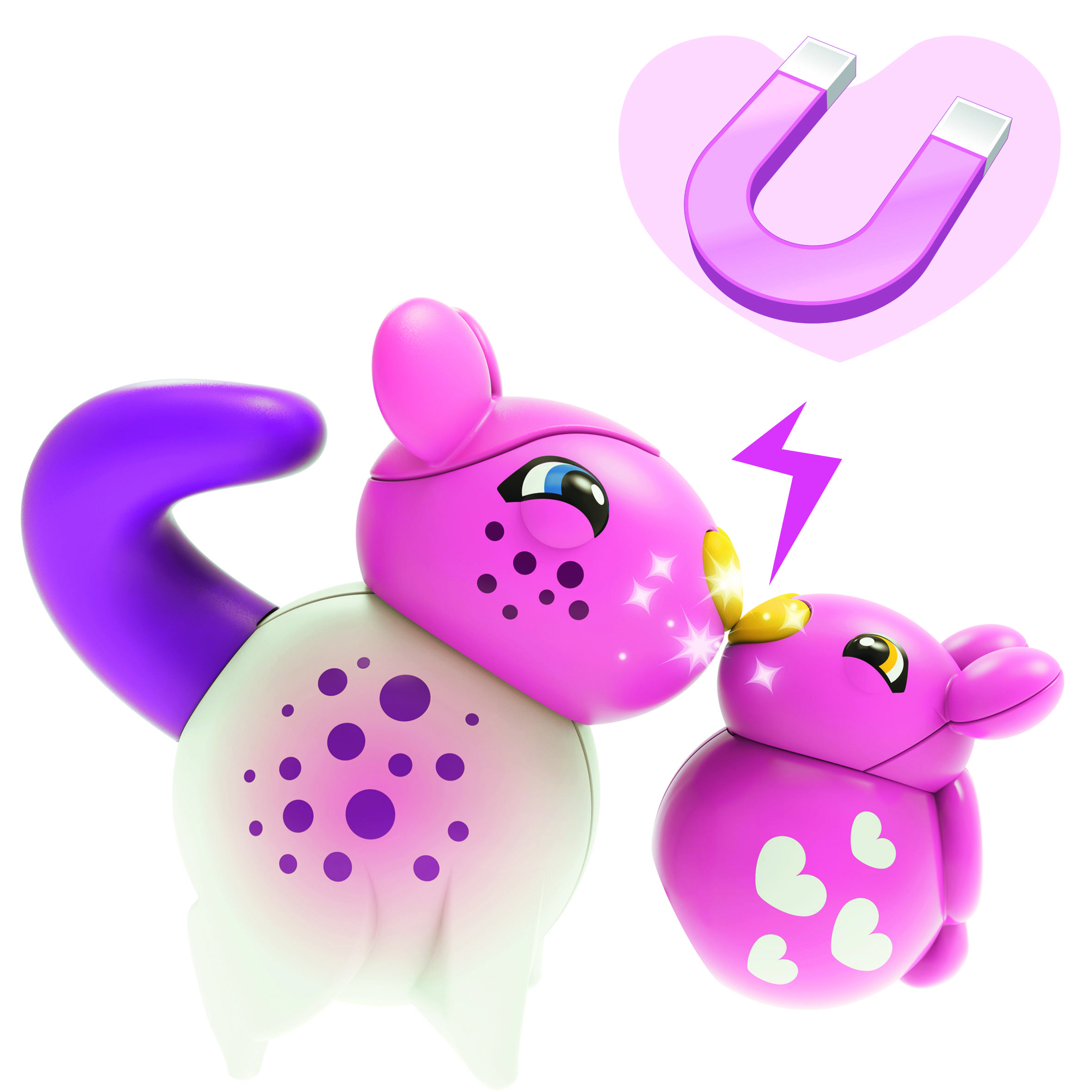 Zwei rosa-weiße Zeichentricktiere mit Magneten auf den Nasen ziehen sich an. Im Hintergrund ein Herz mit einem Magnet-Symbol.