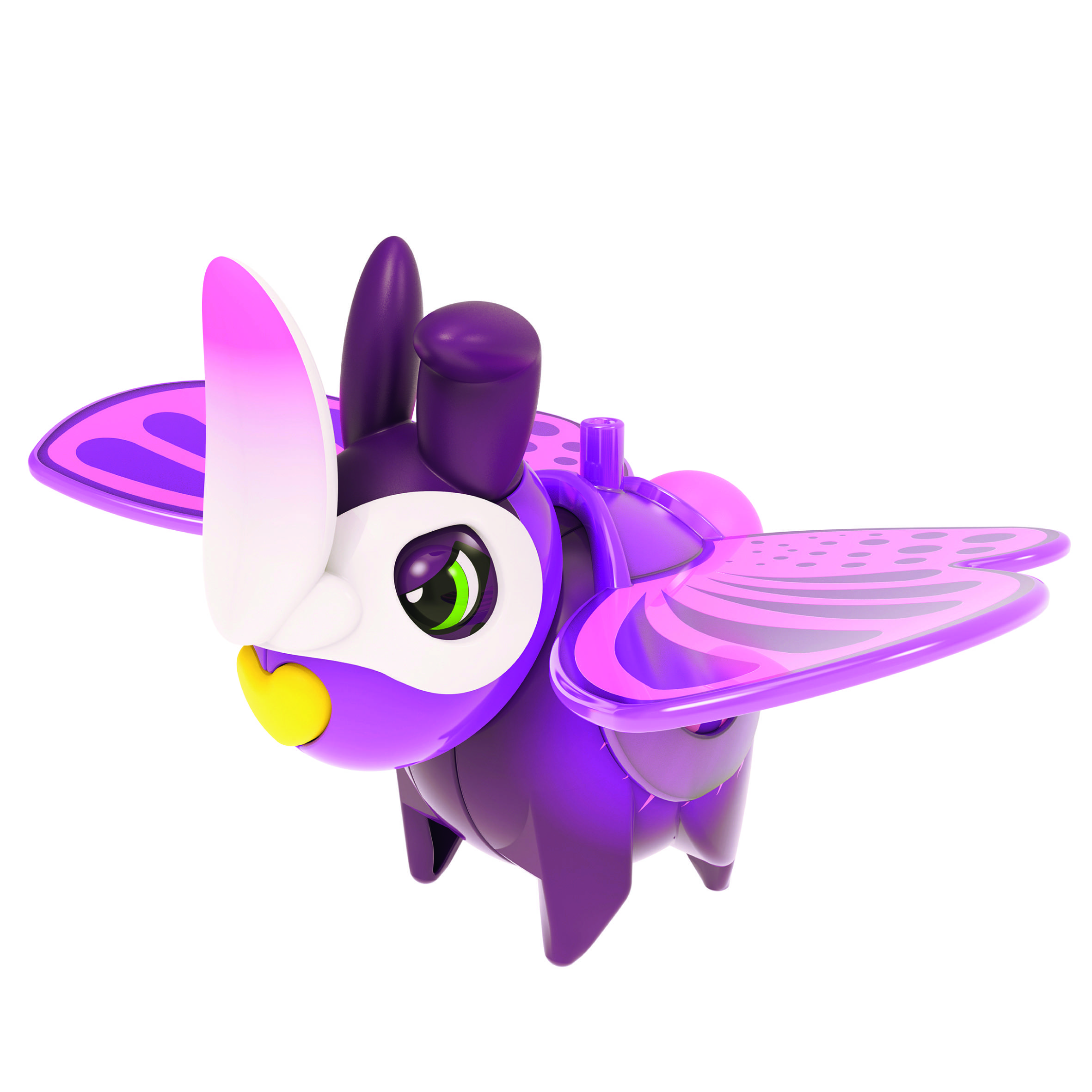 Ein violettes Spielzeug in Insektenform mit großen Augen und stilisierten Flügeln, ähnlich einem Cartoon-Käfer.