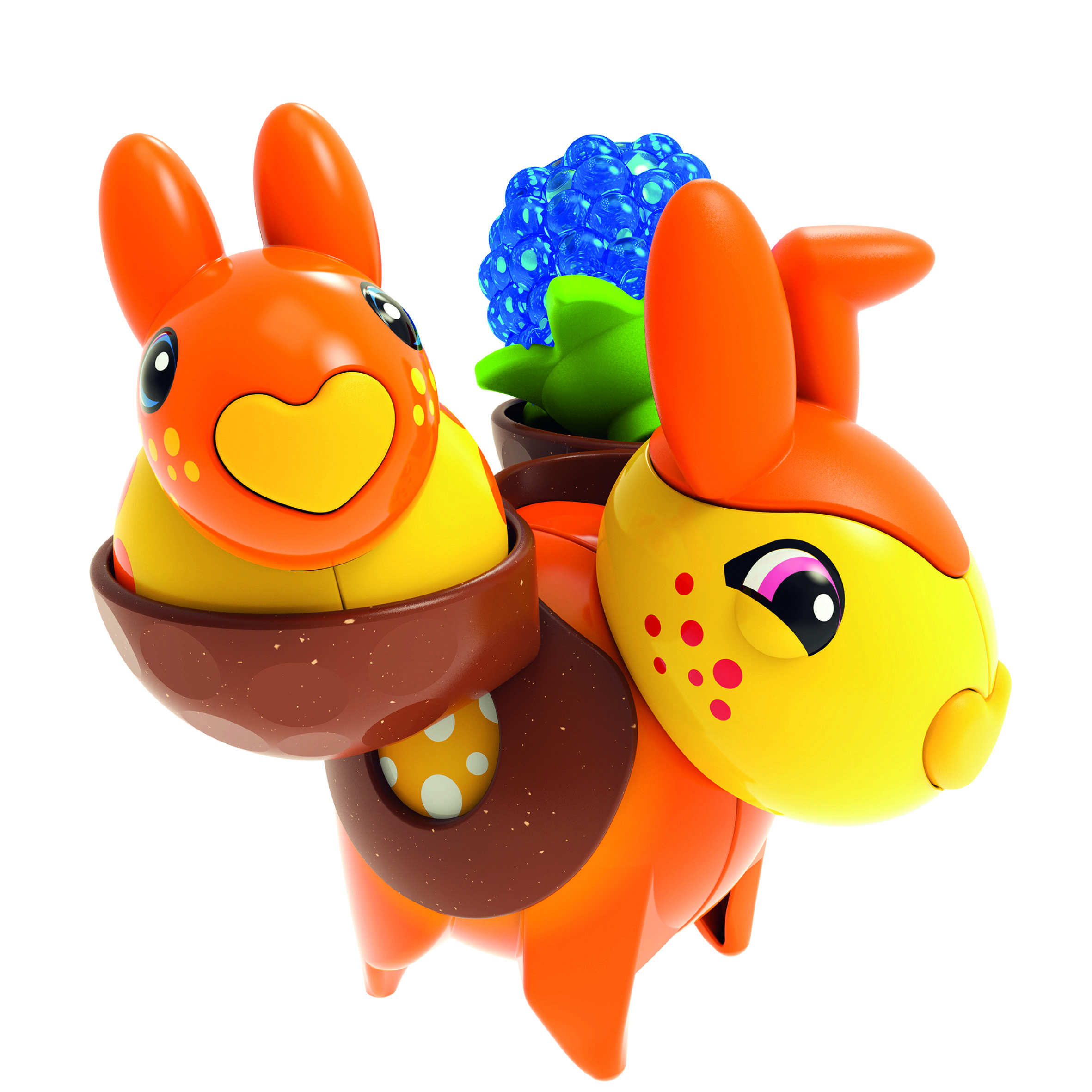 Ein orangefarbener Spielzeugroboter mit entzückendem Gesichtsausdruck hält eine blaue Blume.