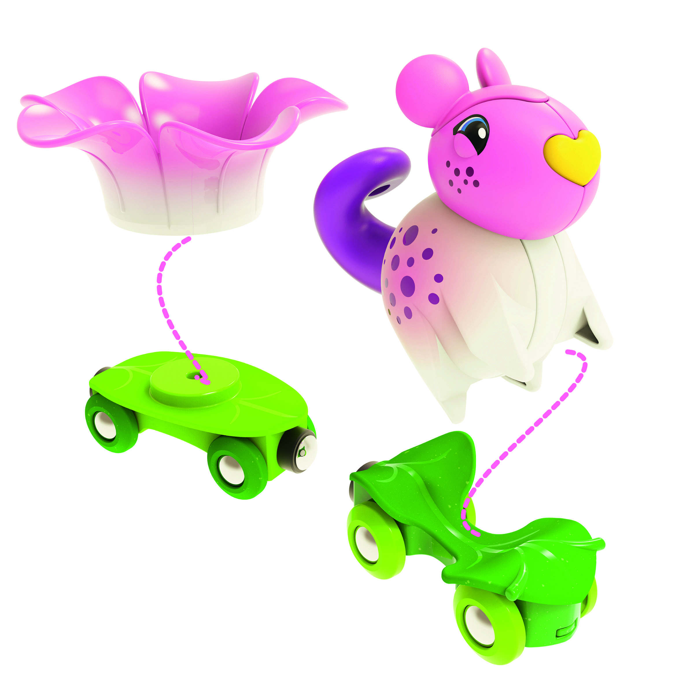 Buntes Spielzeug: rosa Maus mit gelbem Herz als Nase, kombiniert mit grünen, blütenförmigen Rädern, die durch Punkte verbunden sind.