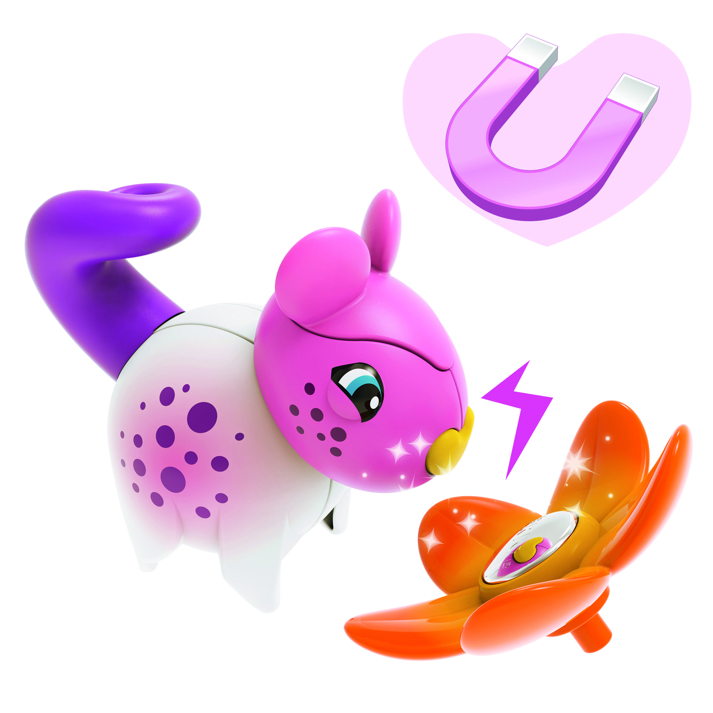 Ein pink-weißes Spielzeugtier mit einem lila Schwanz hält eine orange Blume. Darüber ein Herz mit einem Hufeisenmagneten.