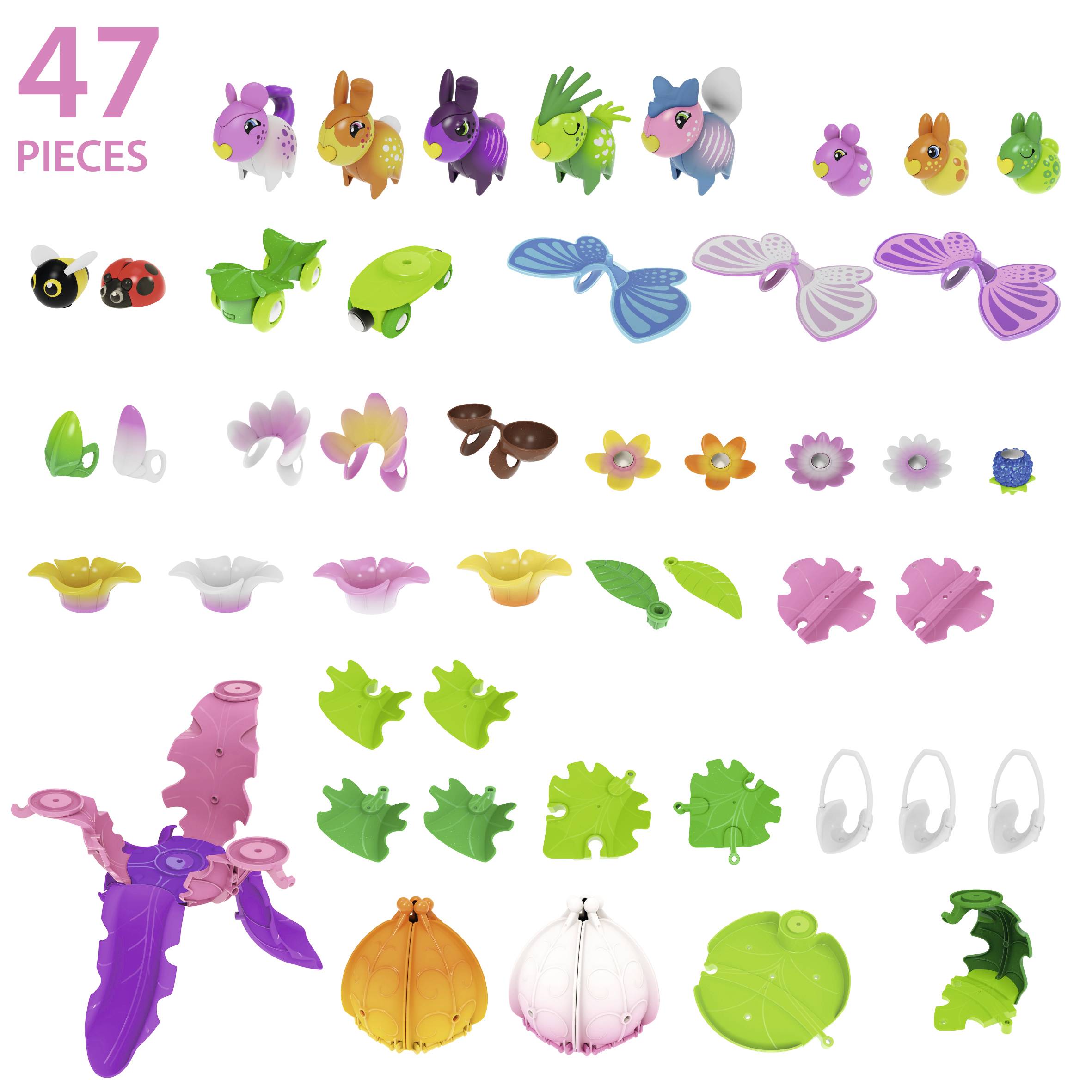 Spielzeug-Bauset mit 47 bunten Teilen in Tier- und Pflanzenformen, darunter Flügel, Blütenblätter, und Insektenkörperteile.