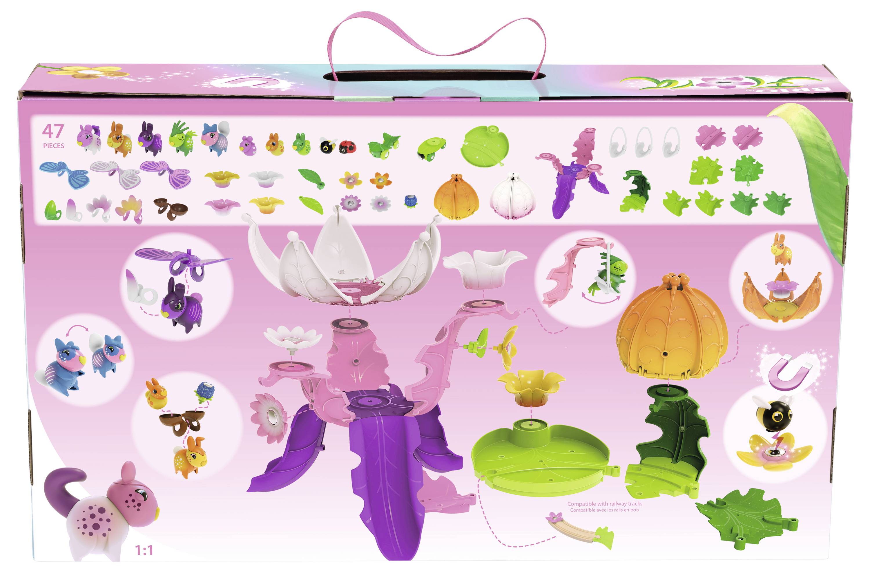 Spielzeug-Bausatz mit 47 Teilen, darunter Blumen, Blätter und Insektenfiguren. Bunt illustriert auf rosa Kartonverpackung.