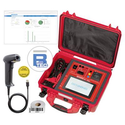 Tragbarer Elektrowerkzeug-Tester in rotem Koffer mit Bildschirm und Anschlüssen, inklusive Barcode-Scanner und Softwareanzeige.