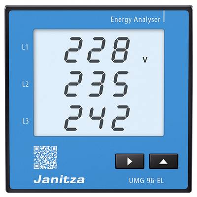 Ein Energiemessgerät zeigt Spannungsmessungen der Phasen L1, L2 und L3: 228V, 235V und 242V. Markenname 'Janitza'.