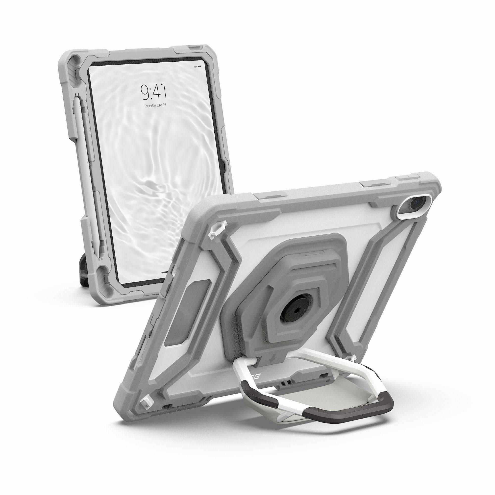 Zwei robuste Tablet-Hüllen mit integriertem Standfuß in hellgrau und weiß. Eine Hülle steht aufrecht, die andere liegt flach.