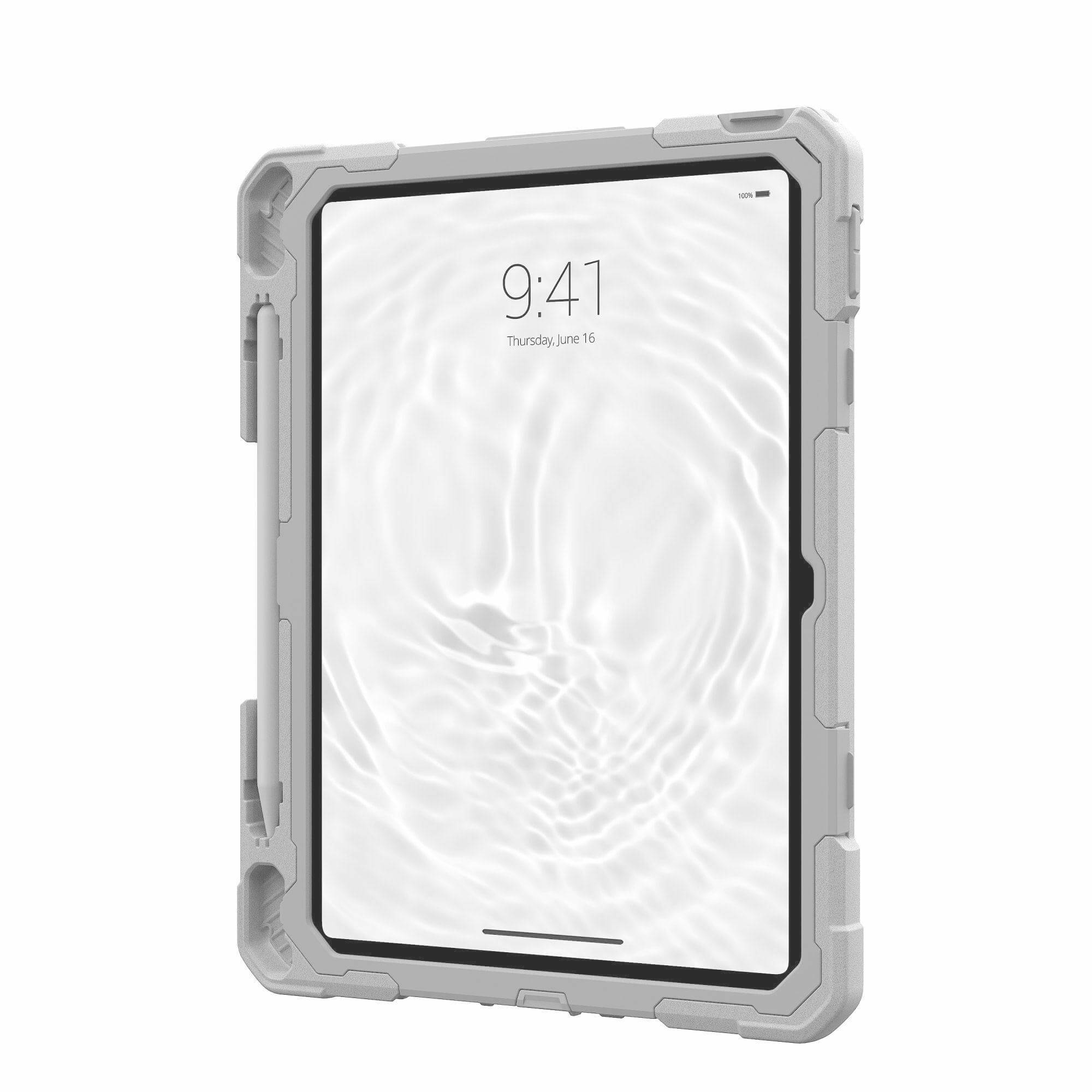 Ein Tablet mit starker, grauer Schutzhülle, angezeigt auf einem Bildschirm mit Wellenmuster. Uhrzeit 9:41 Uhr, Datum Donnerstag, 16. Juni.