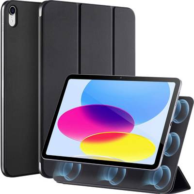 Tablet mit farbigem Display in Hülle, zeigt Kreise in Blau, Pink und Gelb. Schutzhülle klappt als Ständer, zeigt Lautsprecherkanäle.