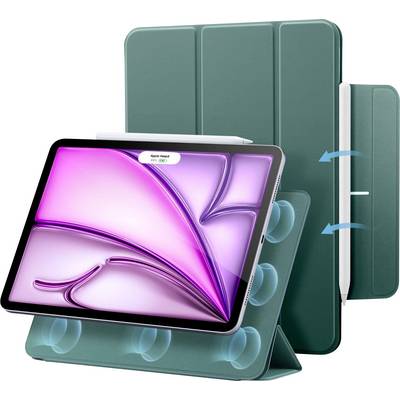Tablet in einer grünen Hülle mit Stifthalter, aufrecht auf einem faltbaren Ständer. Der Bildschirm zeigt ein abstraktes lila Muster.