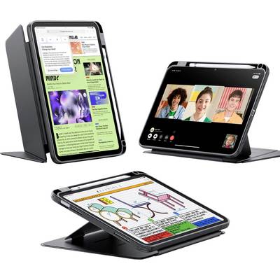 Drei Tablets in unterschiedlichen Positionen: eins zeigt eine Webseite, eins ein Videokonferenzgespräch und eins eine digitale Notiz.