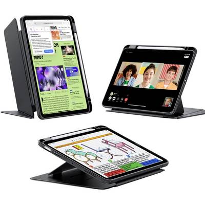 Tablet mit Hülle in drei Positionen: Vorderansicht zeigt Webseite, Rückansicht zeigt Videoanruf mit drei Personen, seitliche Ansicht zeigt Notizen.