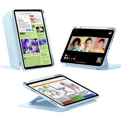 Drei blaue Tablet-Ständer halten Tablets in verschiedenen Winkeln. Ein Tablet zeigt eine Videoanruf-App, ein anderes eine Website.