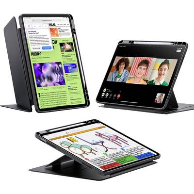 Drei Tablets in verschiedenen Ansichten: eines zeigt eine Webseite, das zweite einen Videoanruf mit vier Personen, das dritte eine Skizze.