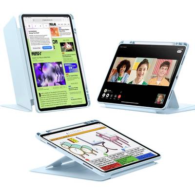 Ein Tablet zeigt eine Videoanruf-App mit drei Personen auf dem Bildschirm. Weitere Tablets zeigen Webseiten und eine Zeichenanwendung.